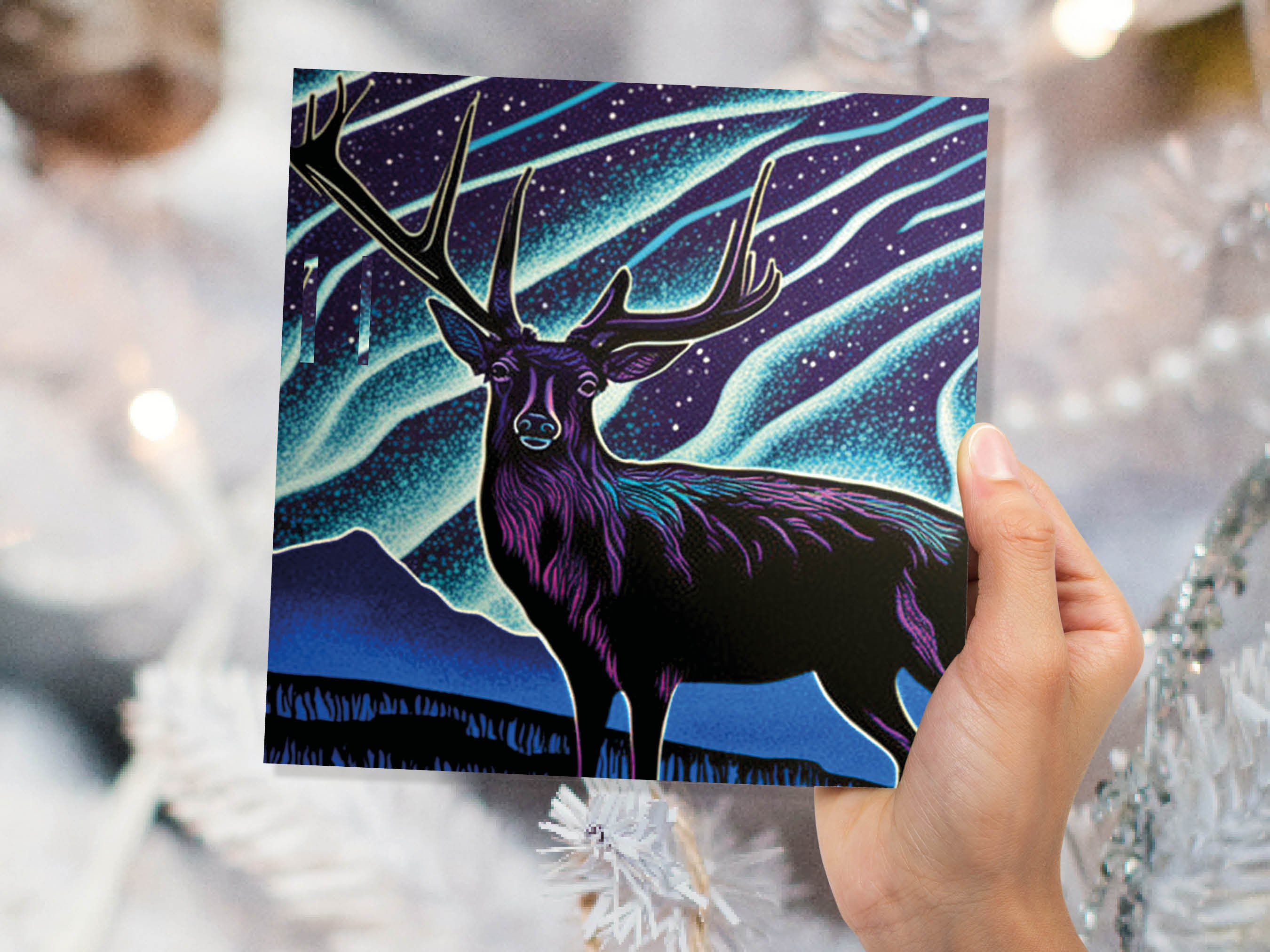 Linocut Deer Card Northern Lights Winter Landscape Night Sky Illustration Snowy Snow Scene Greetings For Family Friends Xmas 2024 Thank You - View 4