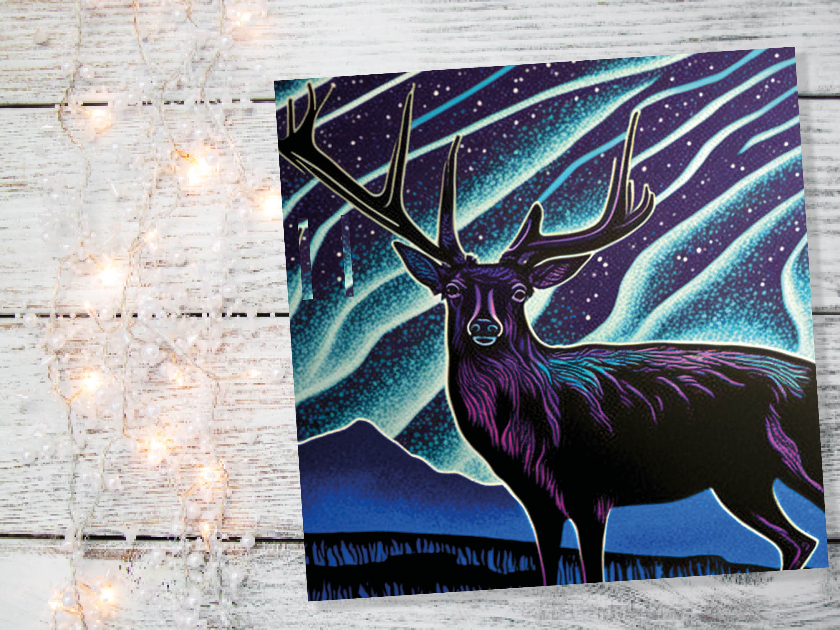 Linocut Deer Card Northern Lights Winter Landscape Night Sky Illustration Snowy Snow Scene Greetings For Family Friends Xmas 2024 Thank You - View 6