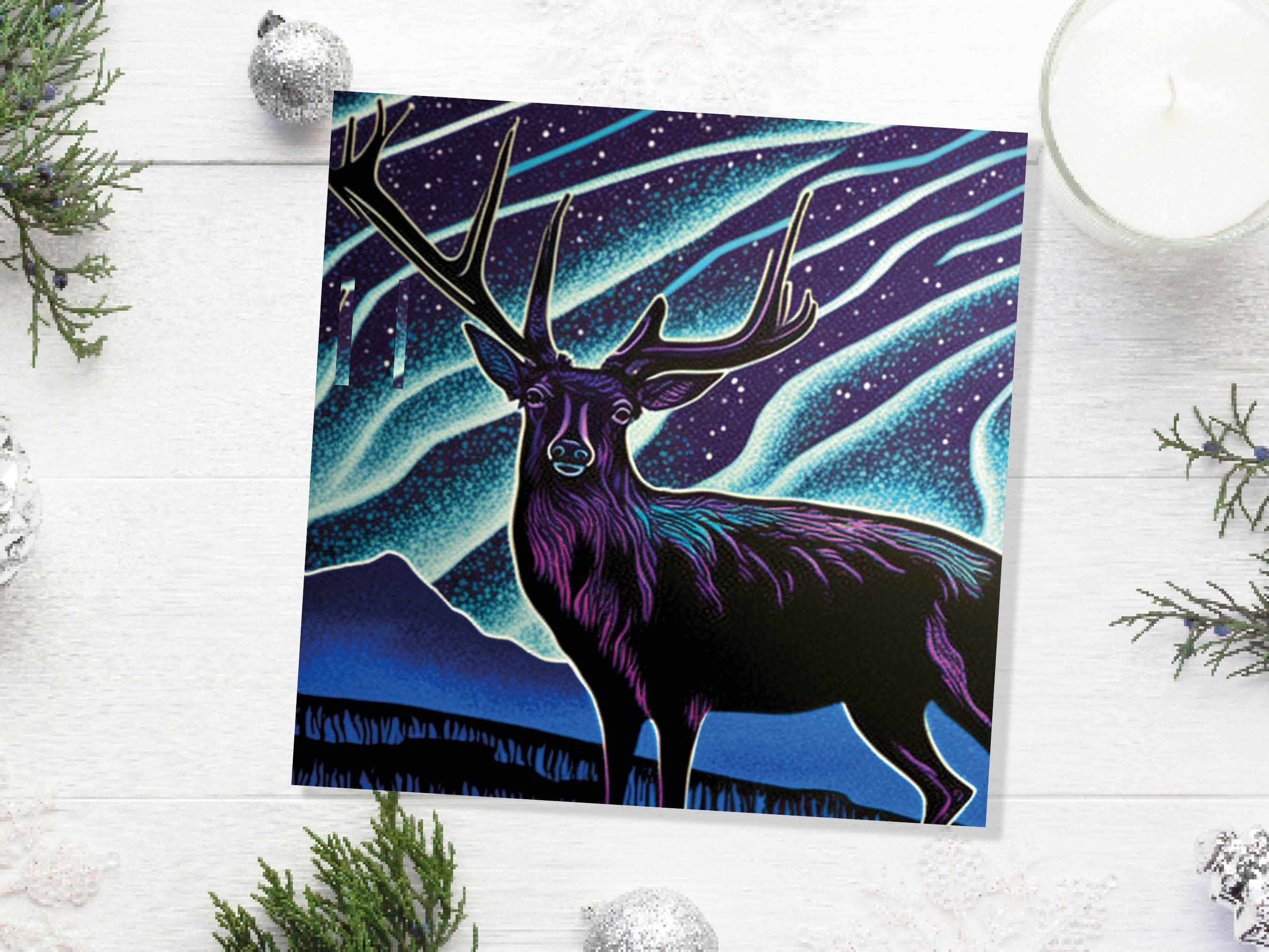 Linocut Deer Card Northern Lights Winter Landscape Night Sky Illustration Snowy Snow Scene Greetings For Family Friends Xmas 2024 Thank You - View 7