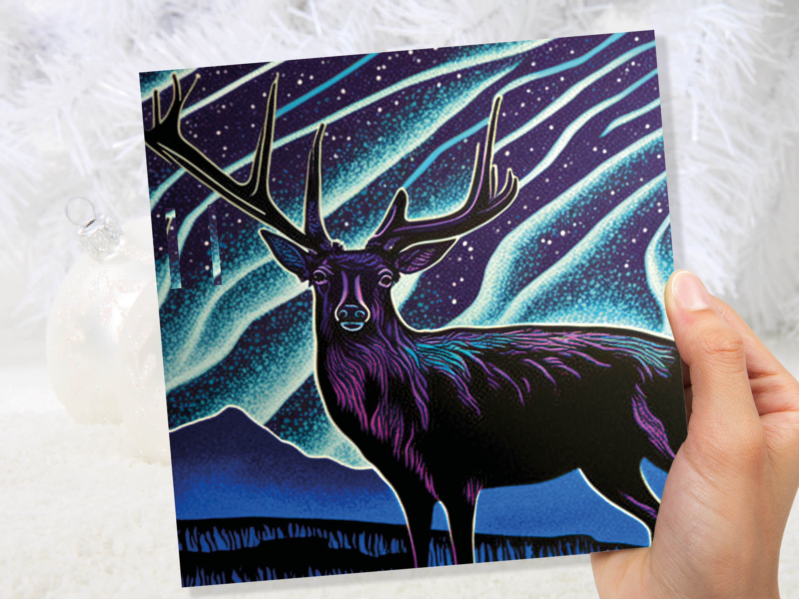 Linocut Deer Card Northern Lights Winter Landscape Night Sky Illustration Snowy Snow Scene Greetings For Family Friends Xmas 2024 Thank You - View 8