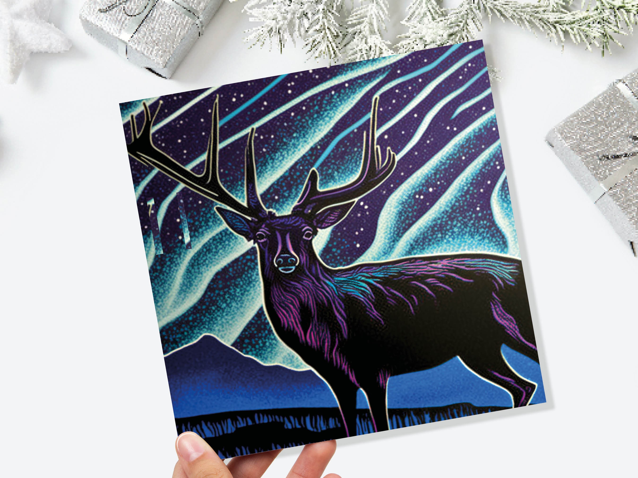 Linocut Deer Card Northern Lights Winter Landscape Night Sky Illustration Snowy Snow Scene Greetings For Family Friends Xmas 2024 Thank You - View 9