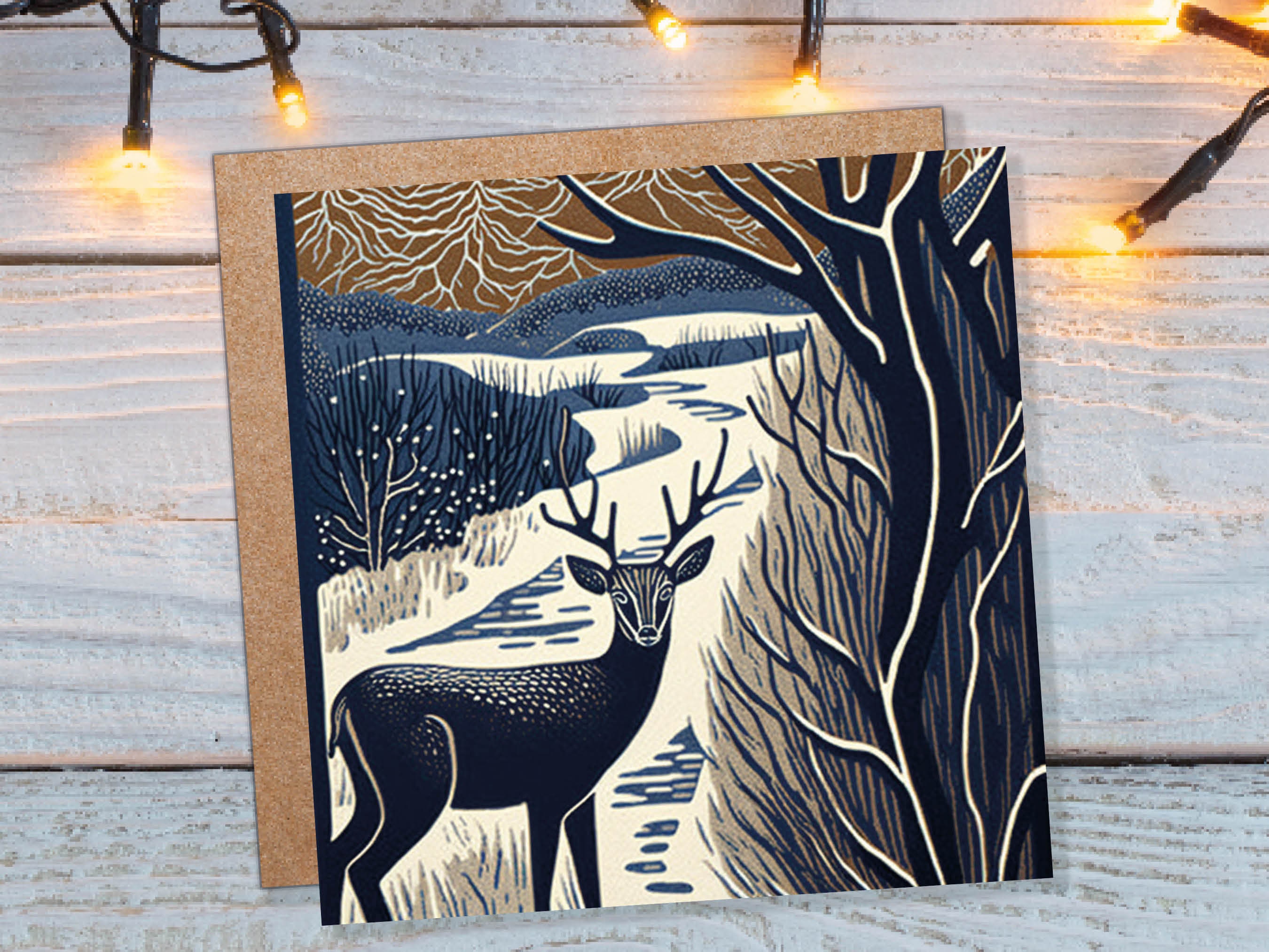 Deer Winter Card Linocut Brown and Blue Snowy Winter Landscape Forest River Woodland Snow Scene Xmas 23 Greetings Family Friends Thank You