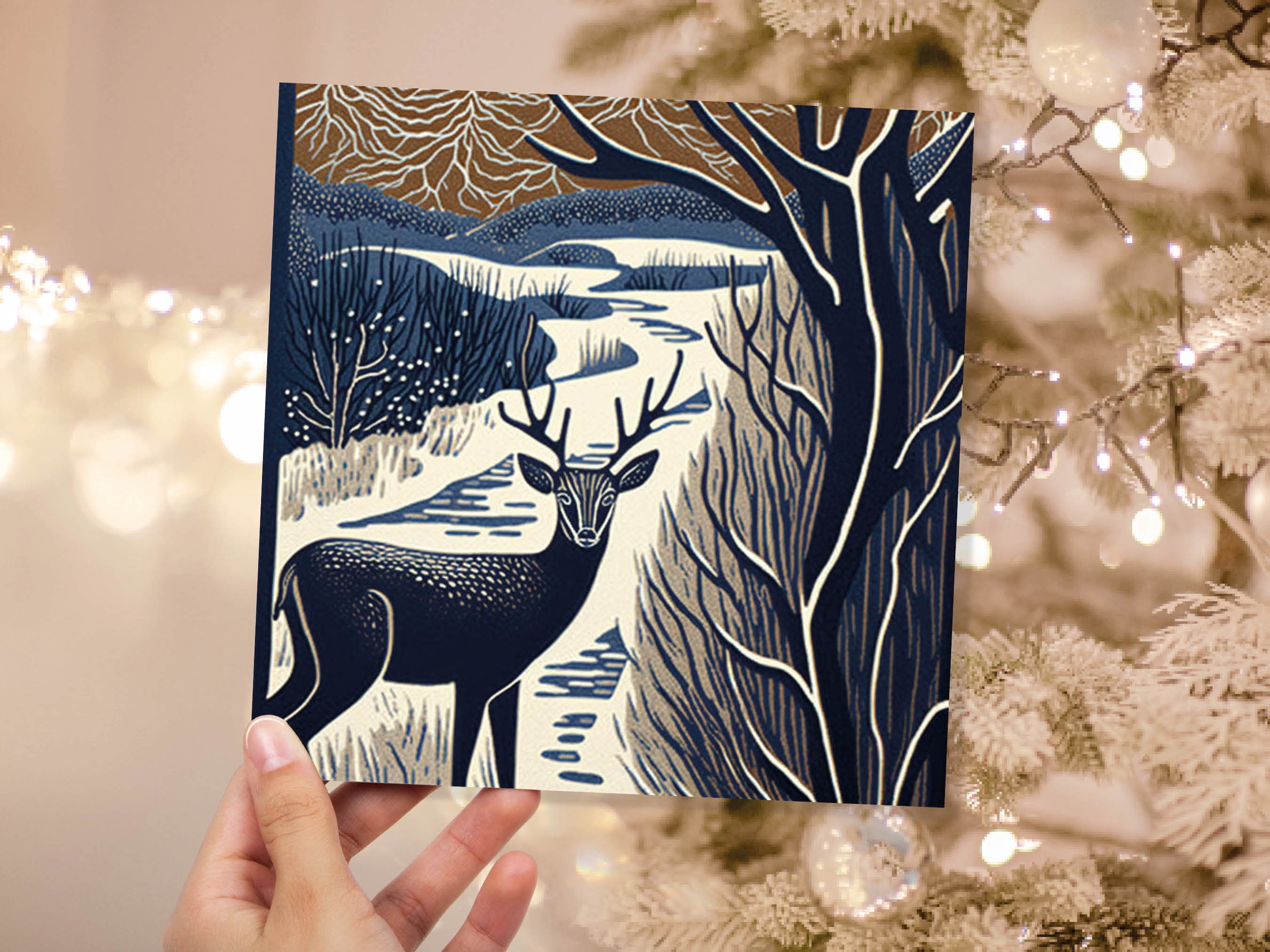 Deer Winter Card Linocut Brown and Blue Snowy Winter Landscape Forest River Woodland Snow Scene Xmas 23 Greetings Family Friends Thank You - View 2