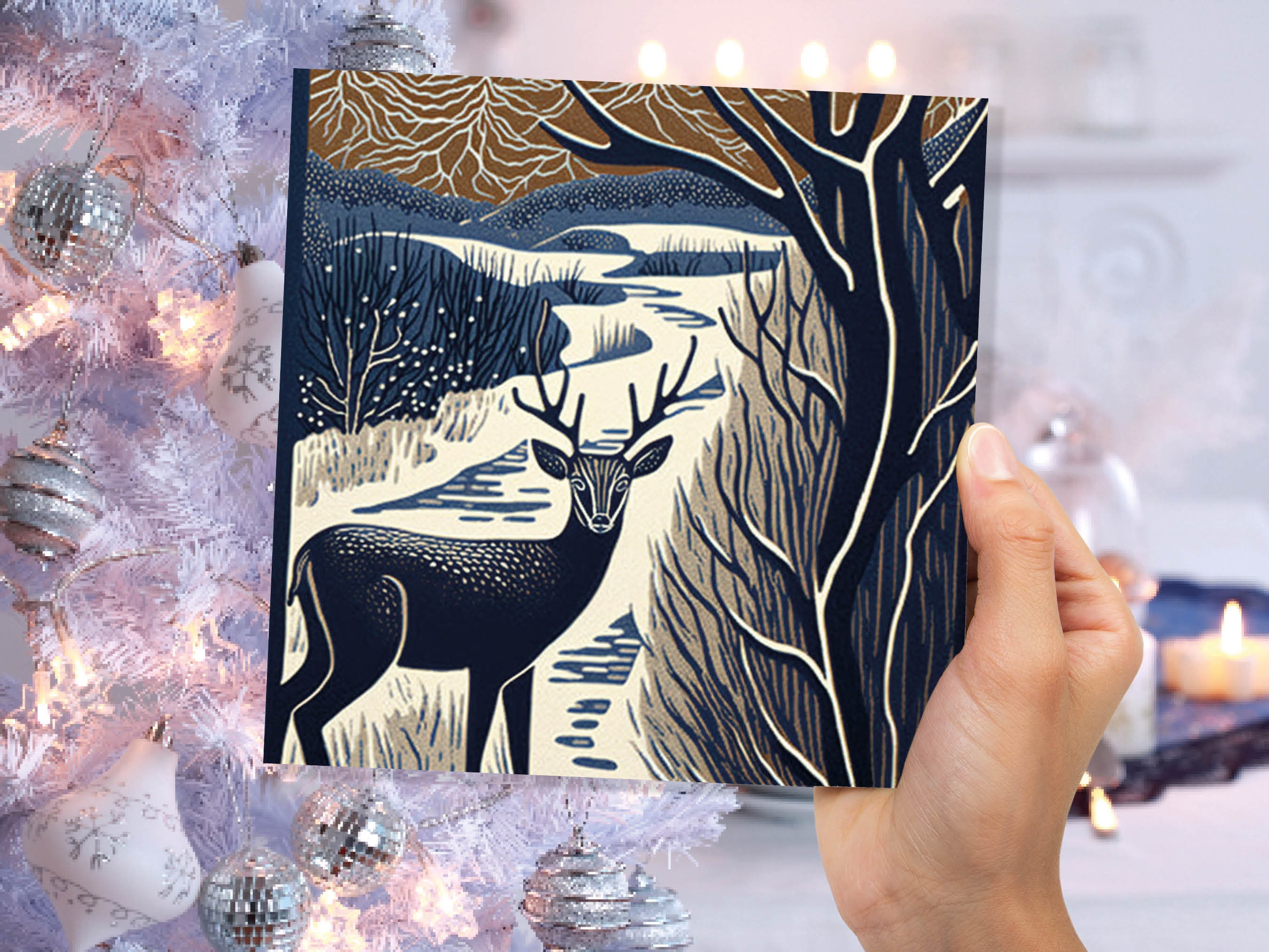 Deer Winter Card Linocut Brown and Blue Snowy Winter Landscape Forest River Woodland Snow Scene Xmas 23 Greetings Family Friends Thank You - View 3