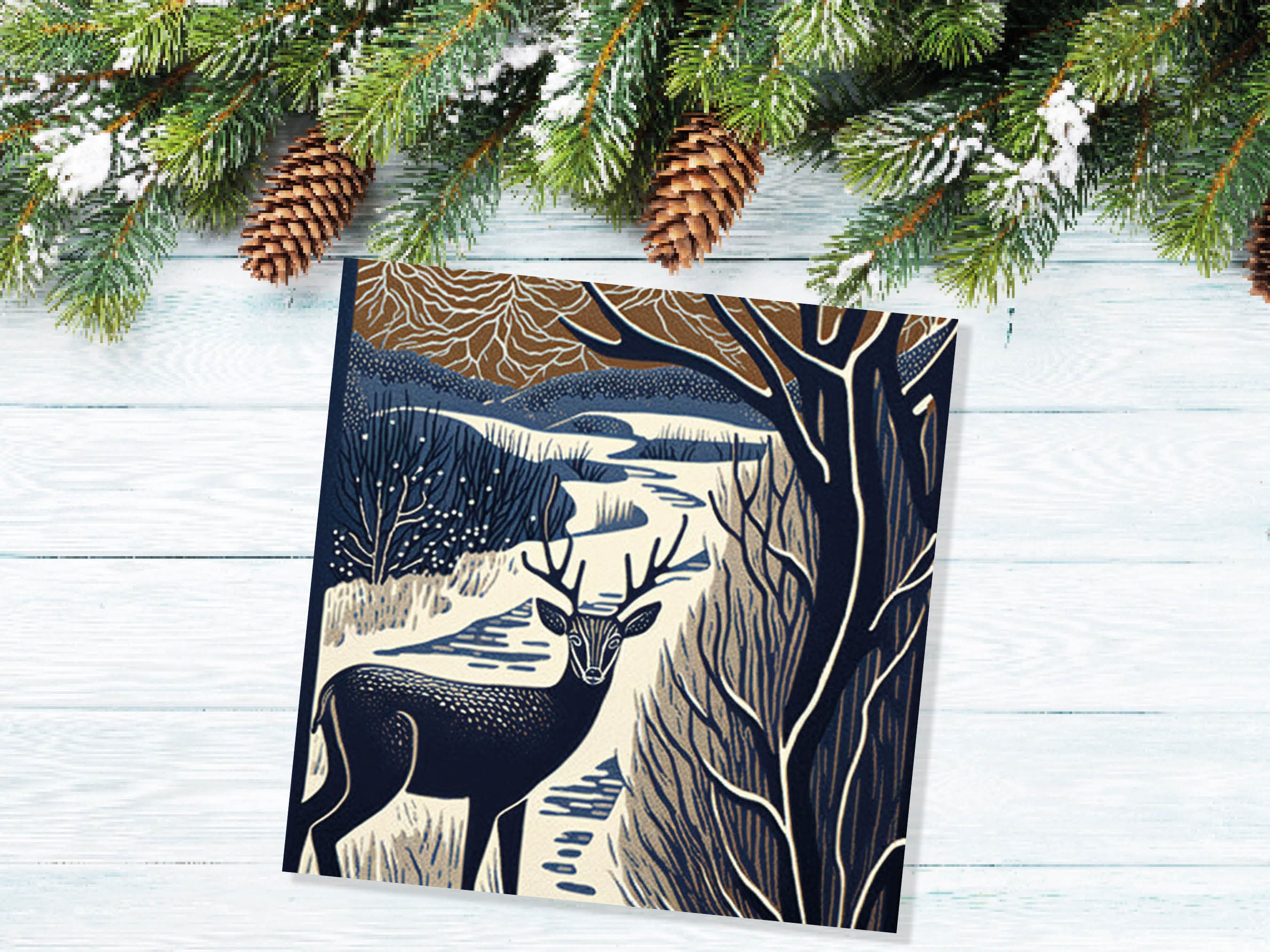 Deer Winter Card Linocut Brown and Blue Snowy Winter Landscape Forest River Woodland Snow Scene Xmas 23 Greetings Family Friends Thank You - View 4