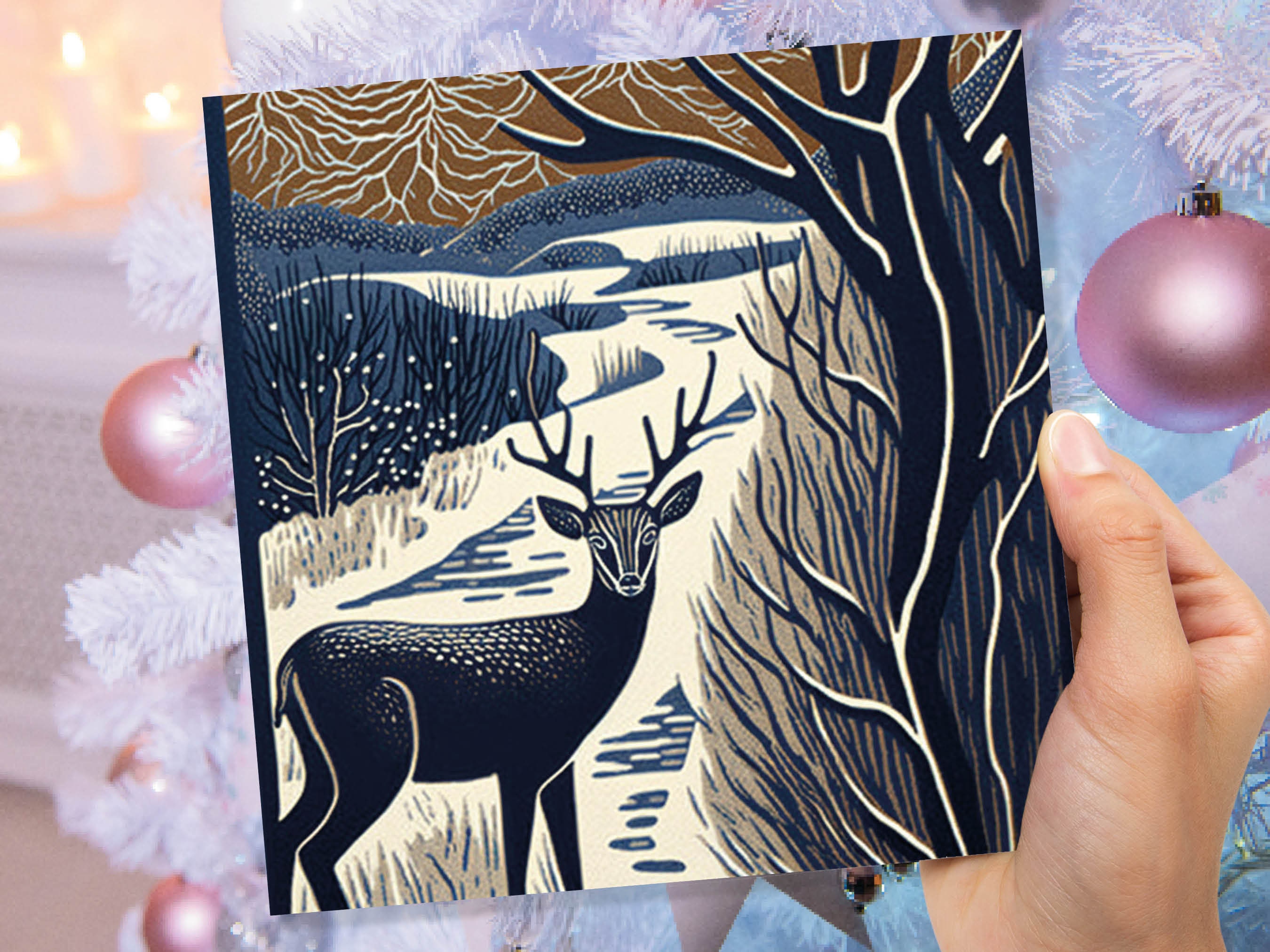 Deer Winter Card Linocut Brown and Blue Snowy Winter Landscape Forest River Woodland Snow Scene Xmas 23 Greetings Family Friends Thank You - View 7