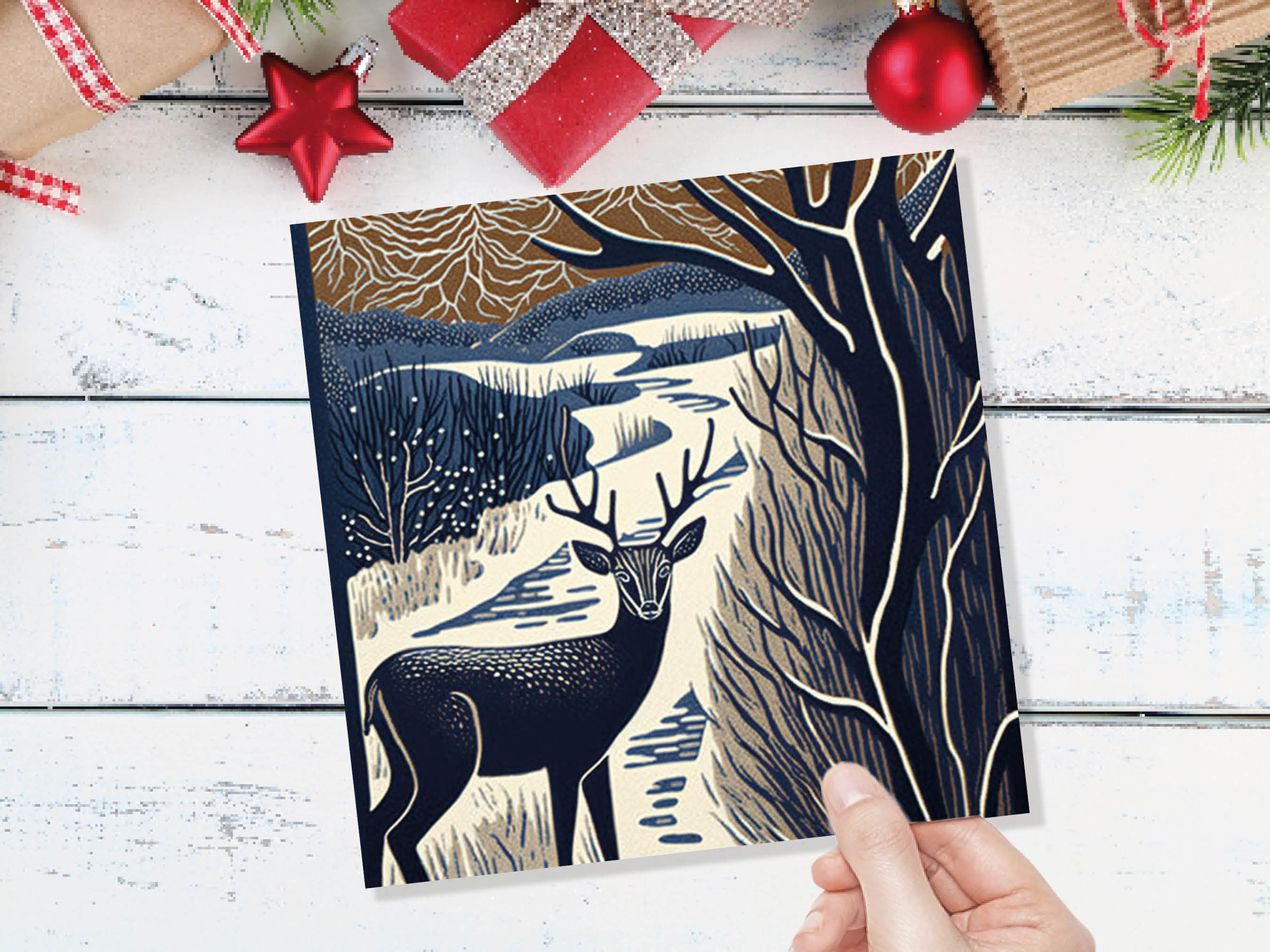 Deer Winter Card Linocut Brown and Blue Snowy Winter Landscape Forest River Woodland Snow Scene Xmas 23 Greetings Family Friends Thank You - View 8