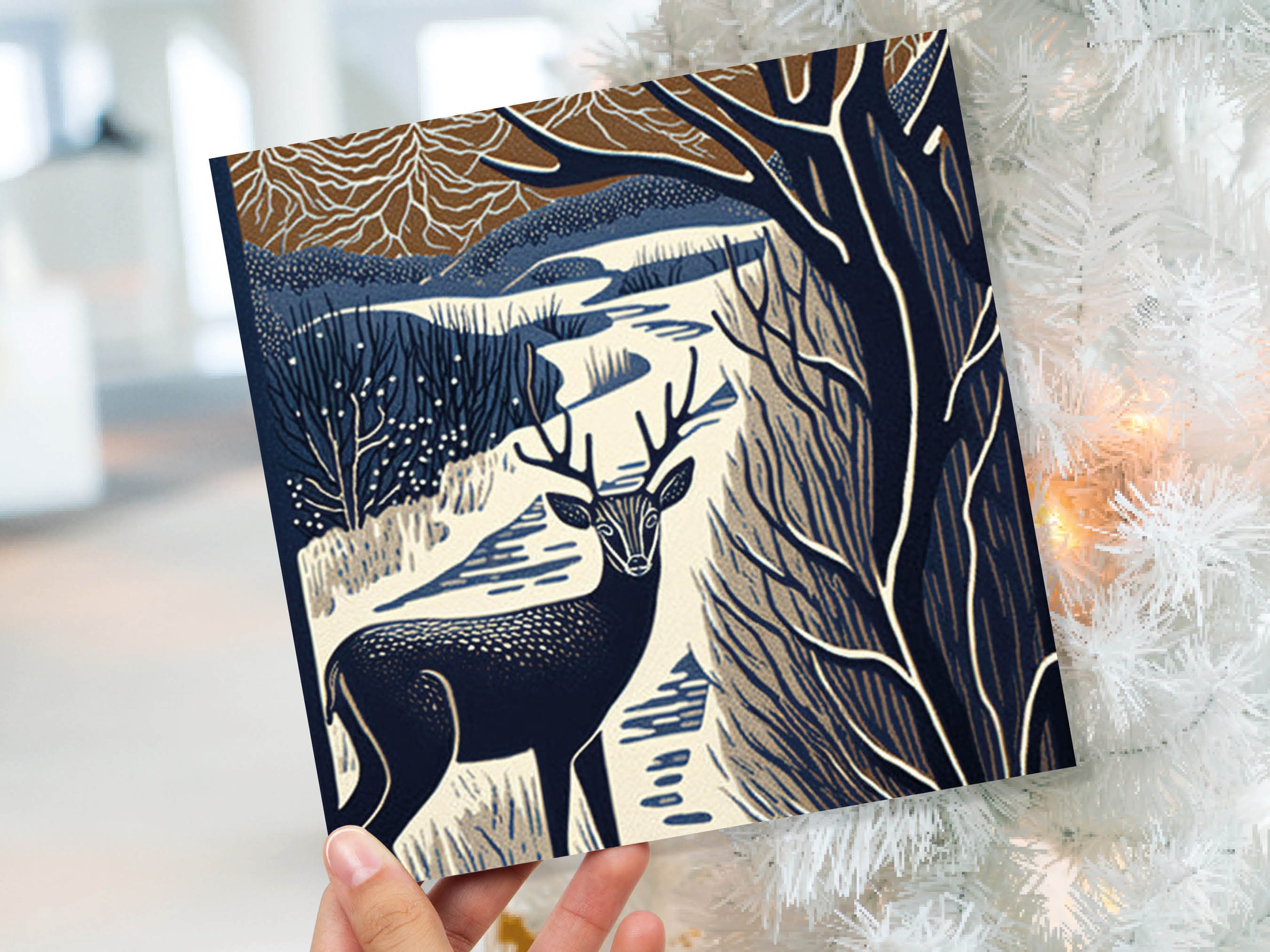 Deer Winter Card Linocut Brown and Blue Snowy Winter Landscape Forest River Woodland Snow Scene Xmas 23 Greetings Family Friends Thank You - View 9