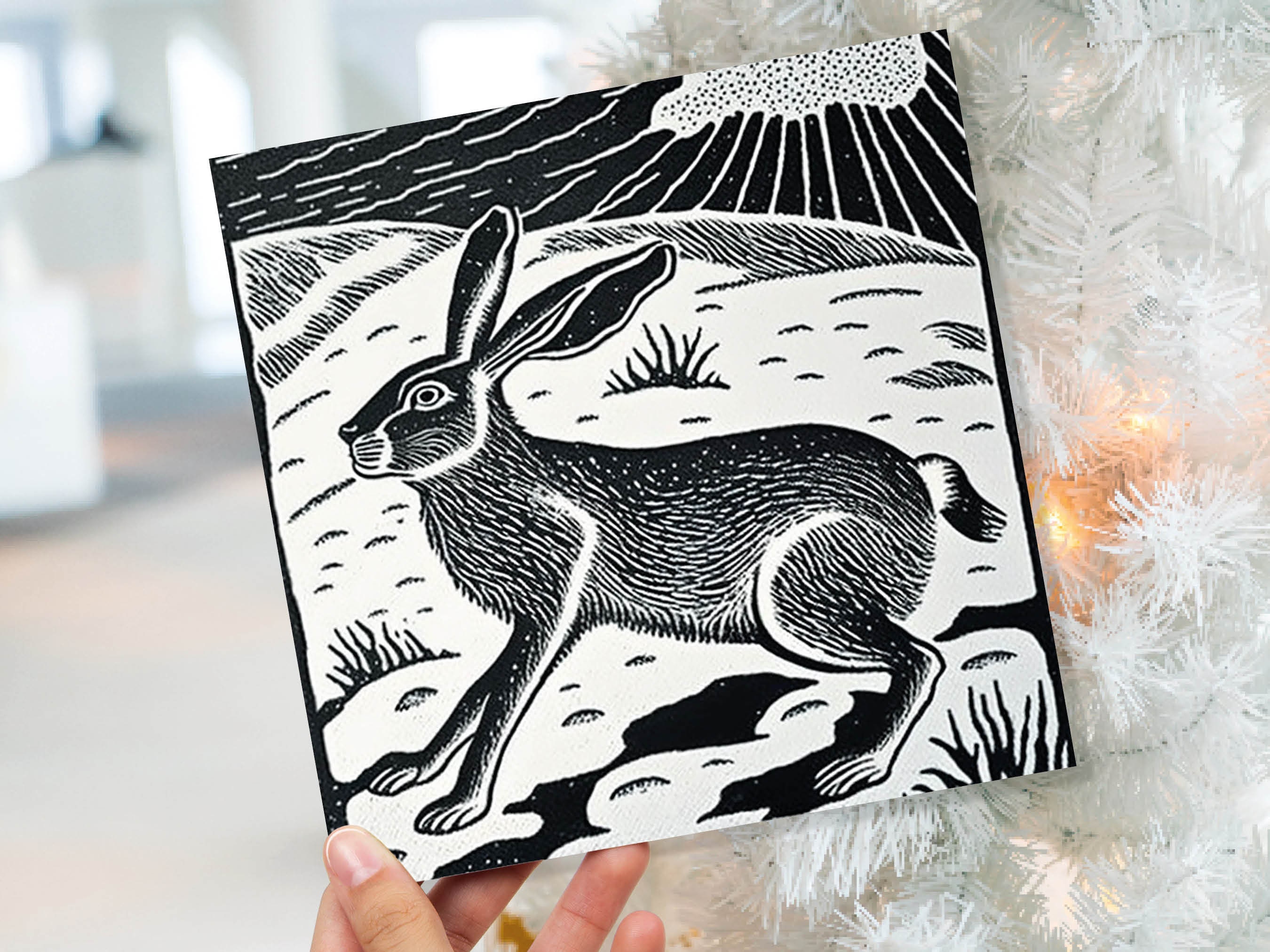 Linocut Hare Card Black and White Snowy Winter Landscape Snow Scene Retro Mountains Sky Greetings For Family Friends Xmas 2024 Thank You - View 2