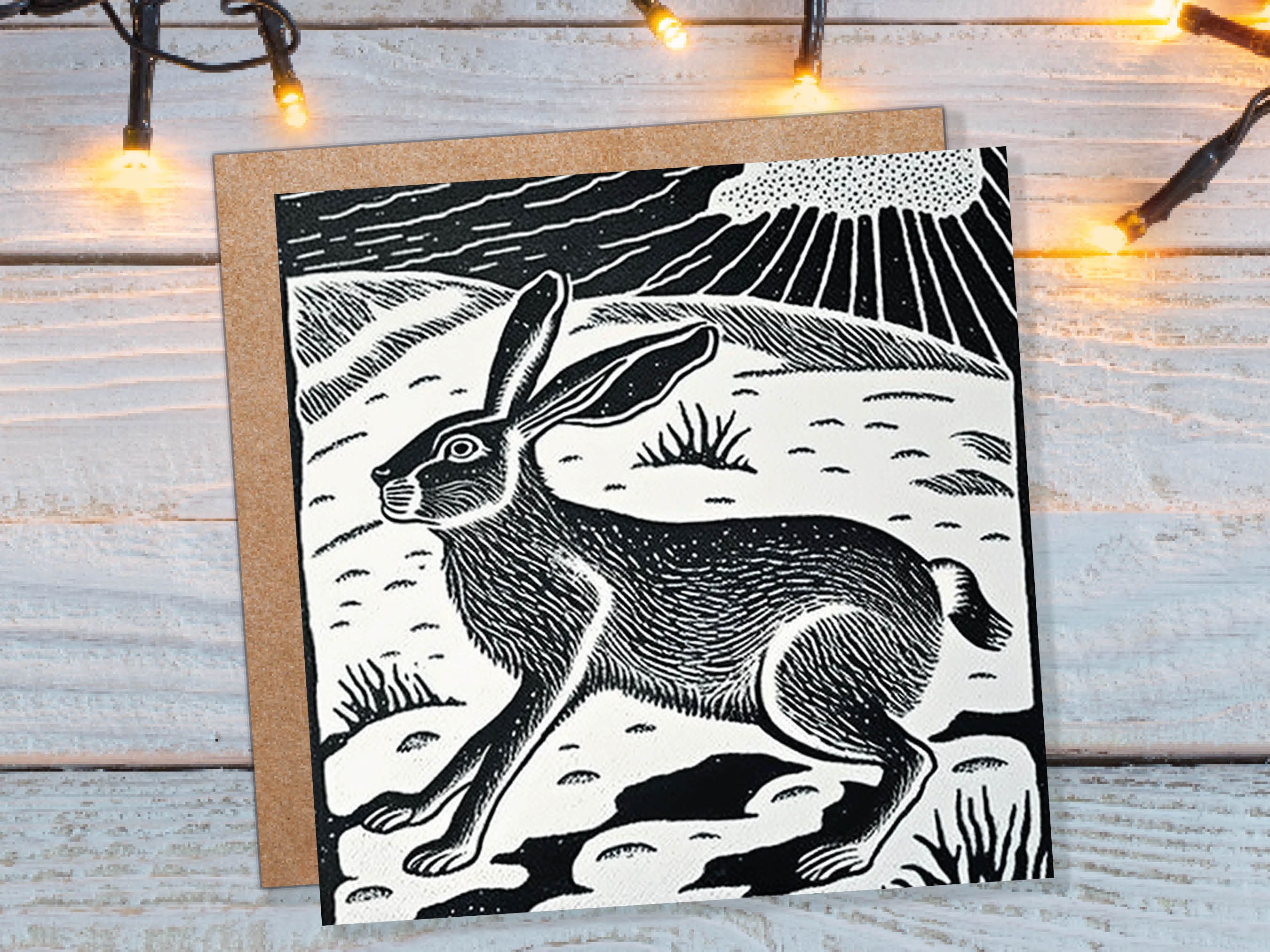 Linocut Hare Card Black and White Snowy Winter Landscape Snow Scene Retro Mountains Sky Greetings For Family Friends Xmas 2024 Thank You - View 3