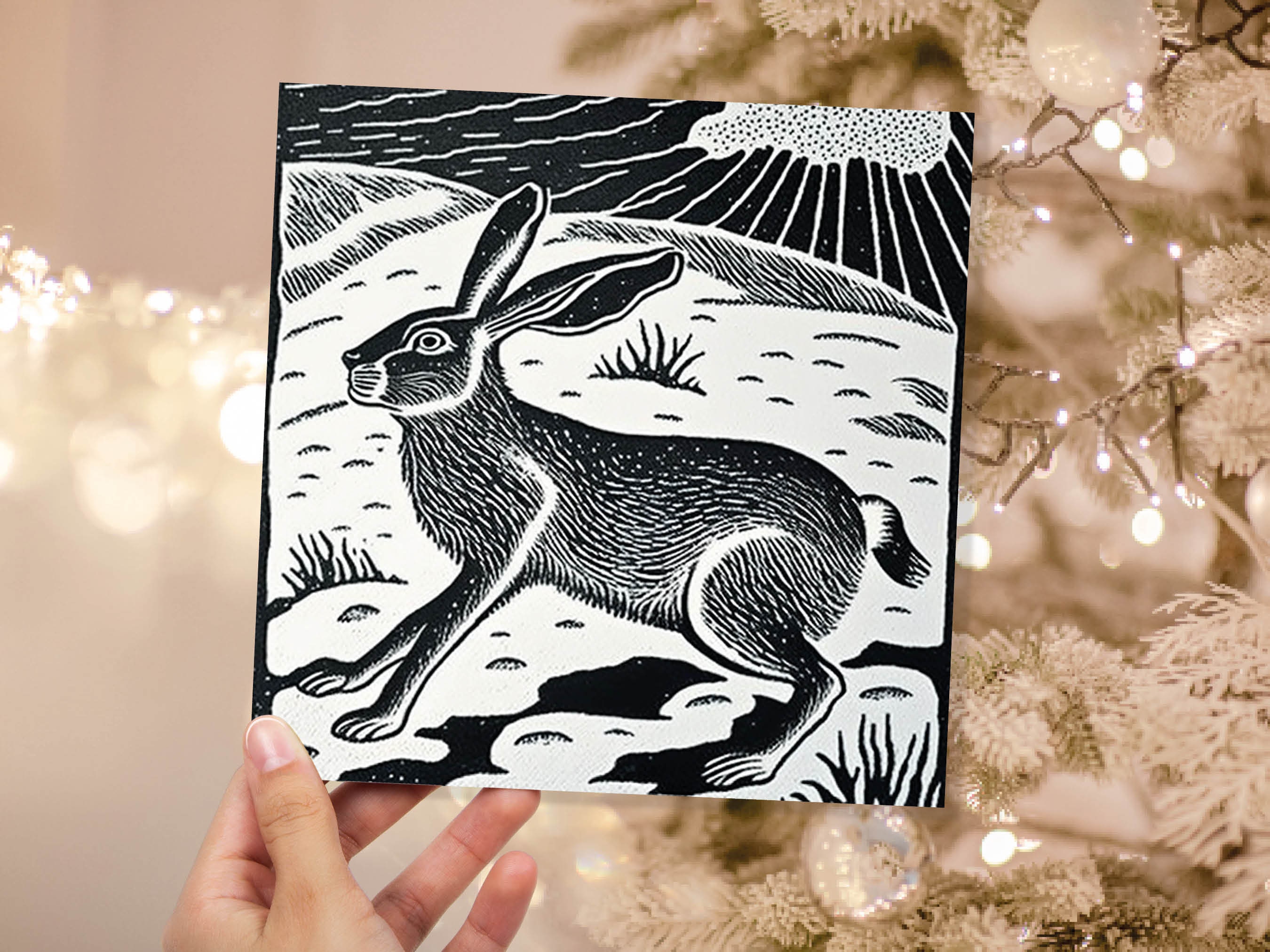 Linocut Hare Card Black and White Snowy Winter Landscape Snow Scene Retro Mountains Sky Greetings For Family Friends Xmas 2024 Thank You - View 4