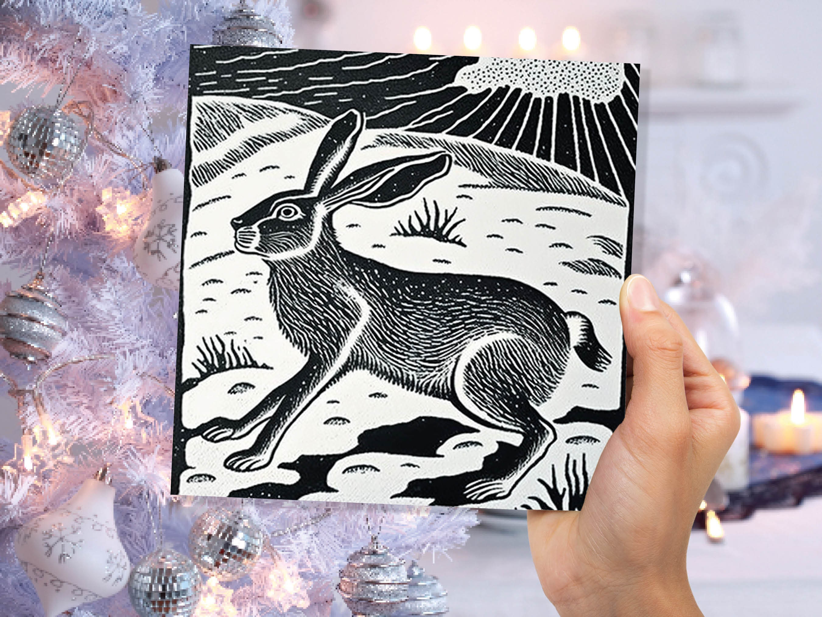 Linocut Hare Card Black and White Snowy Winter Landscape Snow Scene Retro Mountains Sky Greetings For Family Friends Xmas 2024 Thank You - View 5