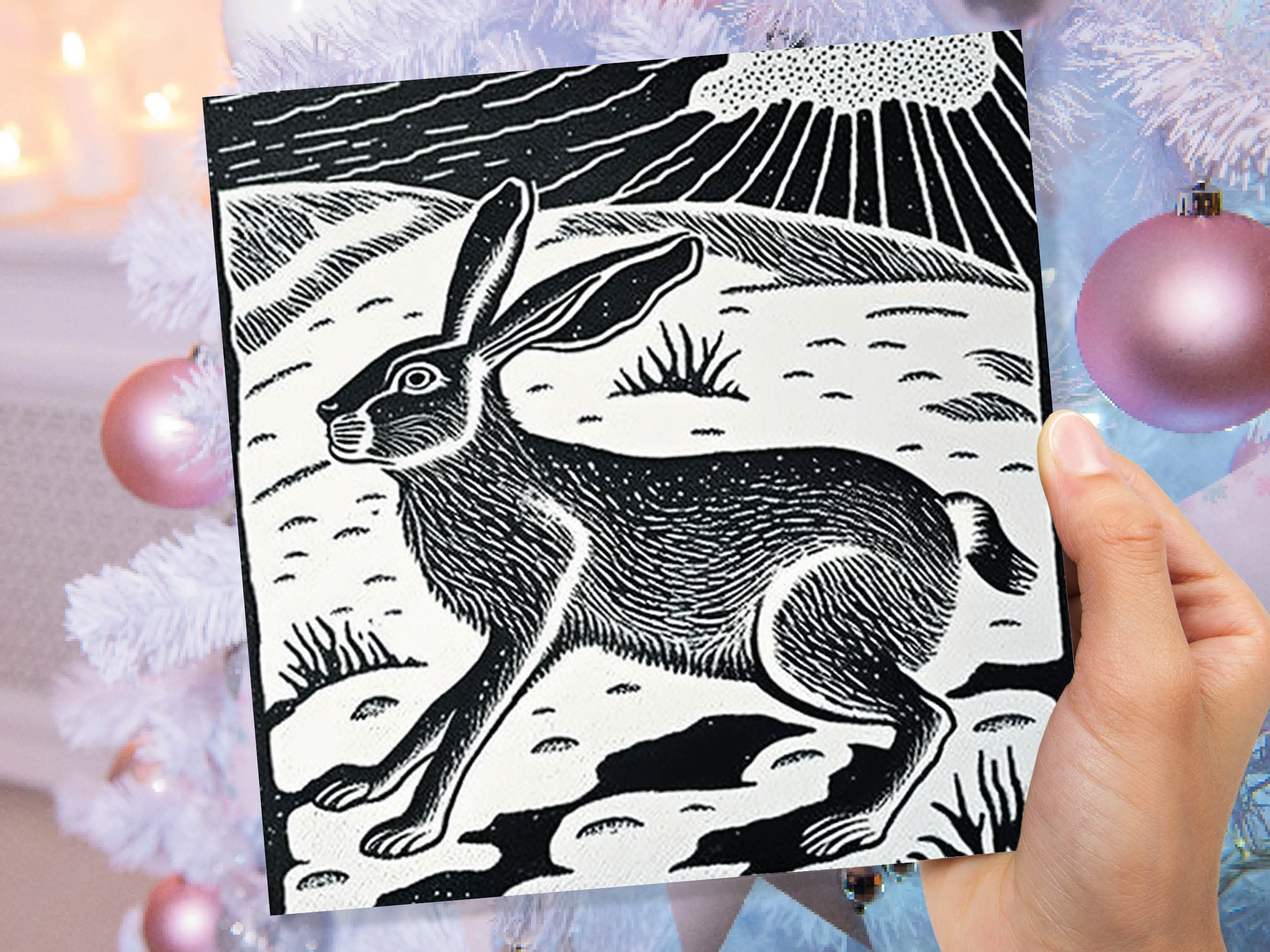 Linocut Hare Card Black and White Snowy Winter Landscape Snow Scene Retro Mountains Sky Greetings For Family Friends Xmas 2024 Thank You - View 8