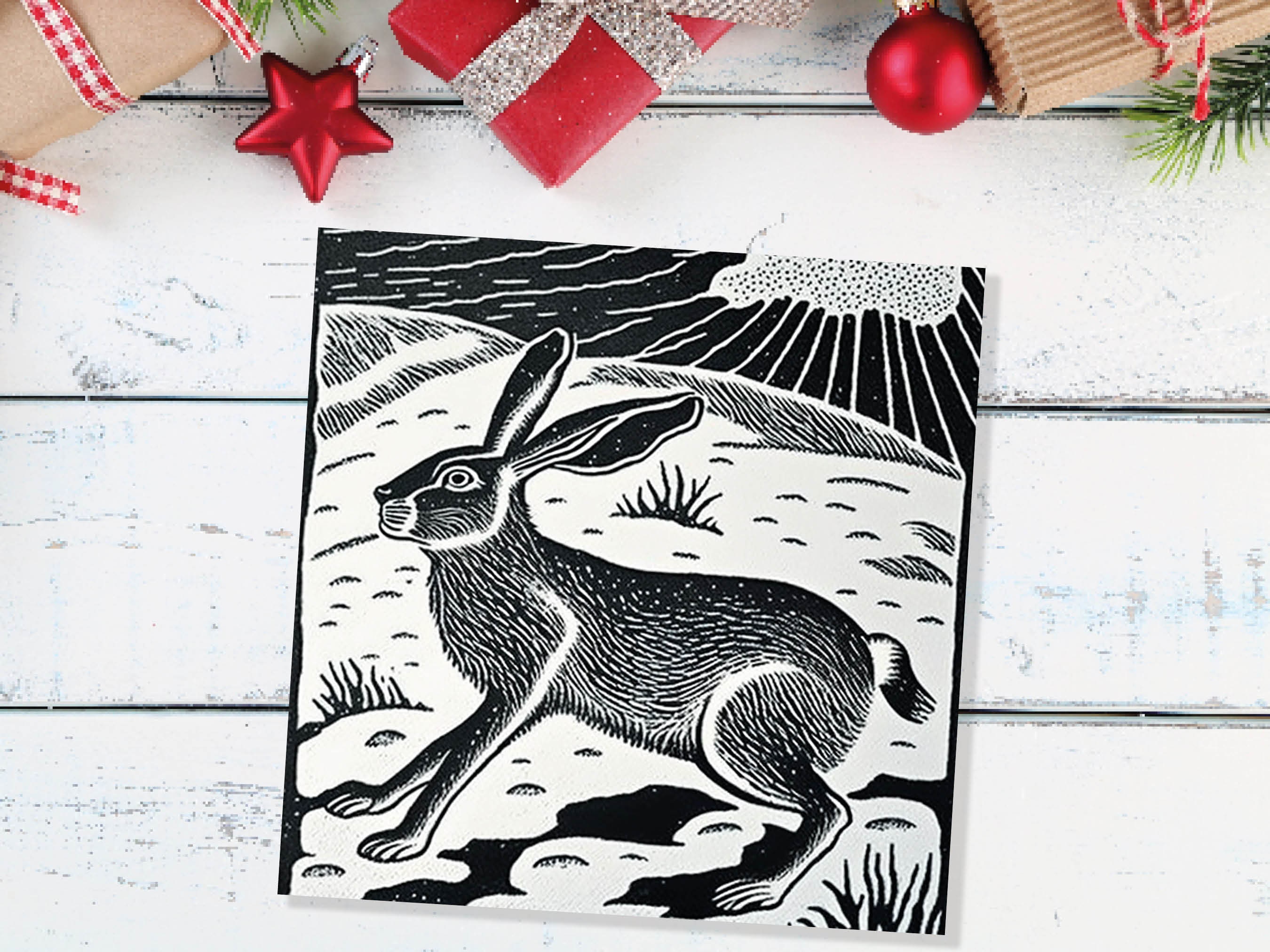 Linocut Hare Card Black and White Snowy Winter Landscape Snow Scene Retro Mountains Sky Greetings For Family Friends Xmas 2024 Thank You - View 9