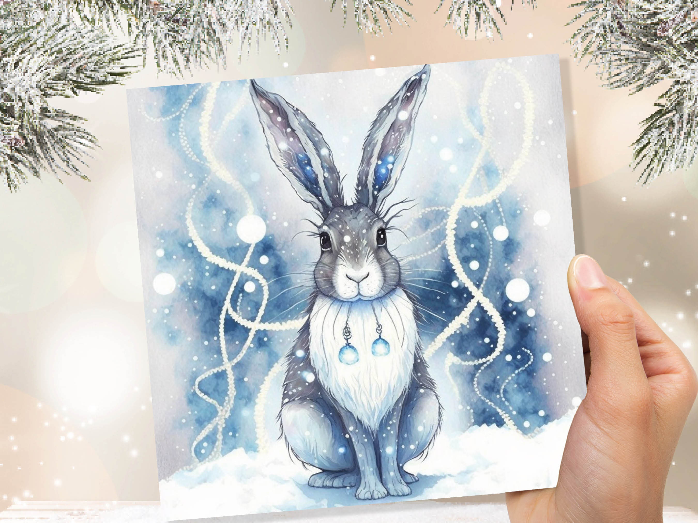 Magical Hare Card Beautiful Blue Winter Watercolour Snow Scene Snowy Lights Festive Rabbit Greetings Card For Family Friends Christmas 2024