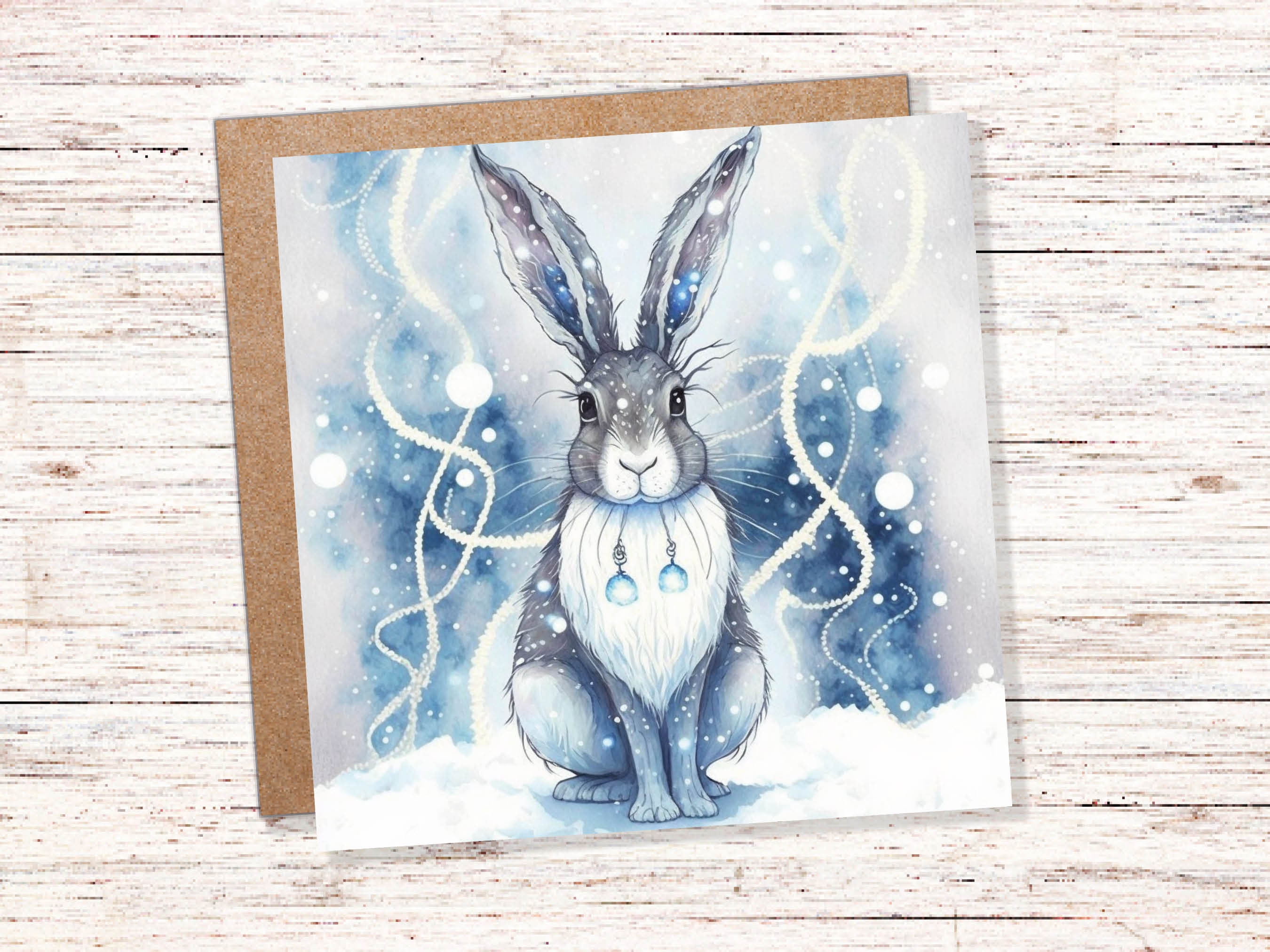 Magical Hare Card Beautiful Blue Winter Watercolour Snow Scene Snowy Lights Festive Rabbit Greetings Card For Family Friends Christmas 2024 - View 2