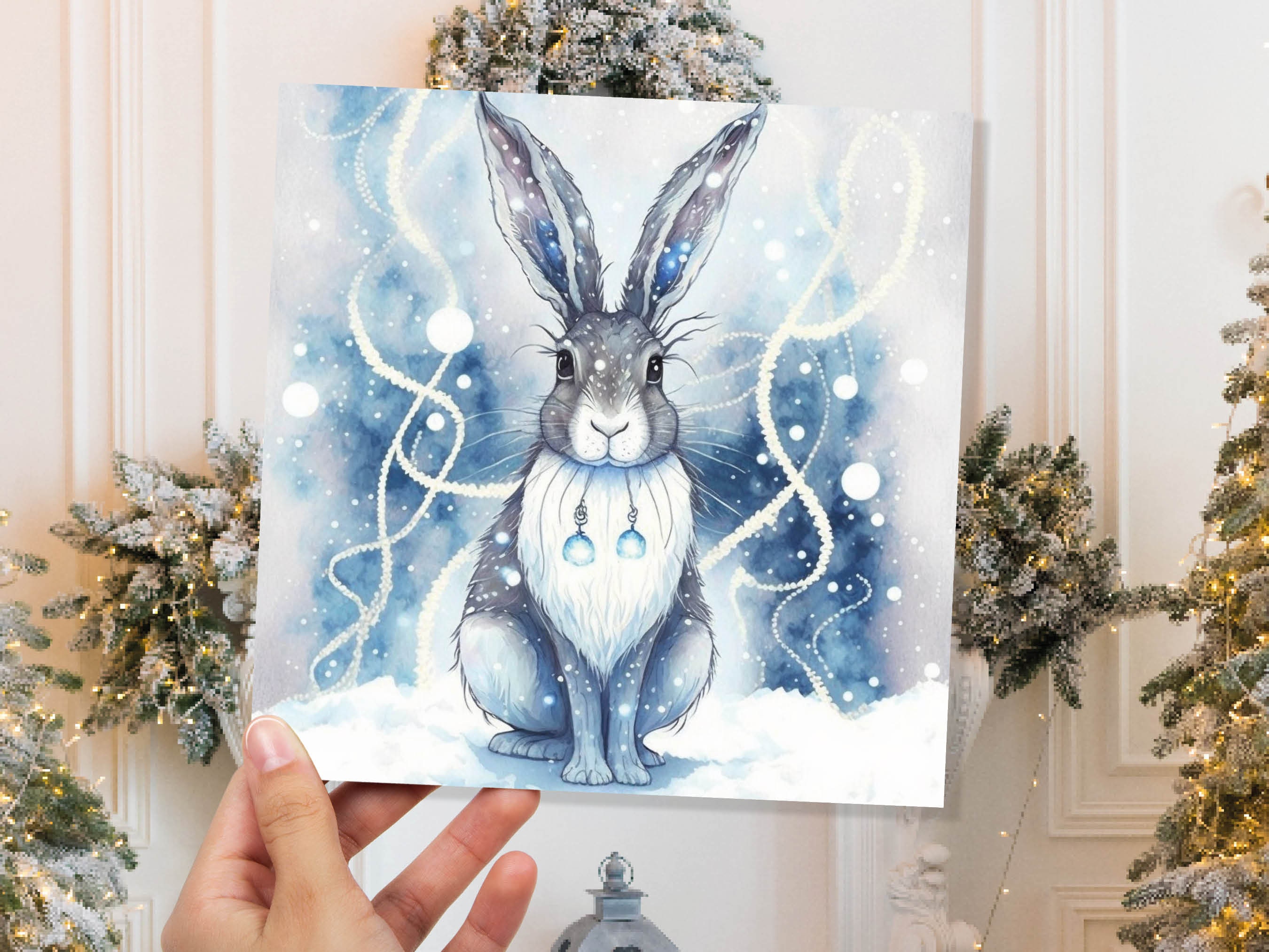 Magical Hare Card Beautiful Blue Winter Watercolour Snow Scene Snowy Lights Festive Rabbit Greetings Card For Family Friends Christmas 2024 - View 3