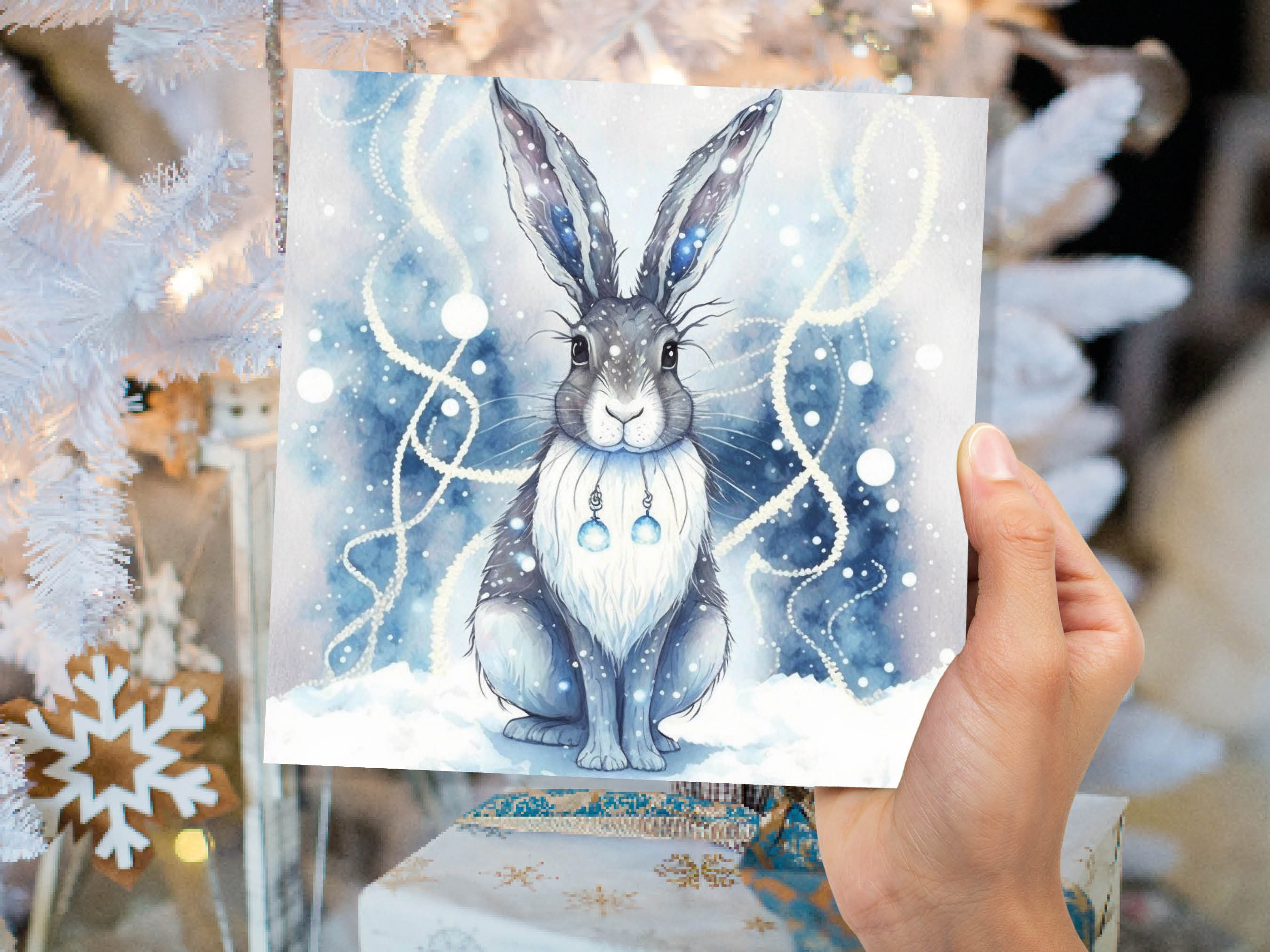 Magical Hare Card Beautiful Blue Winter Watercolour Snow Scene Snowy Lights Festive Rabbit Greetings Card For Family Friends Christmas 2024 - View 4