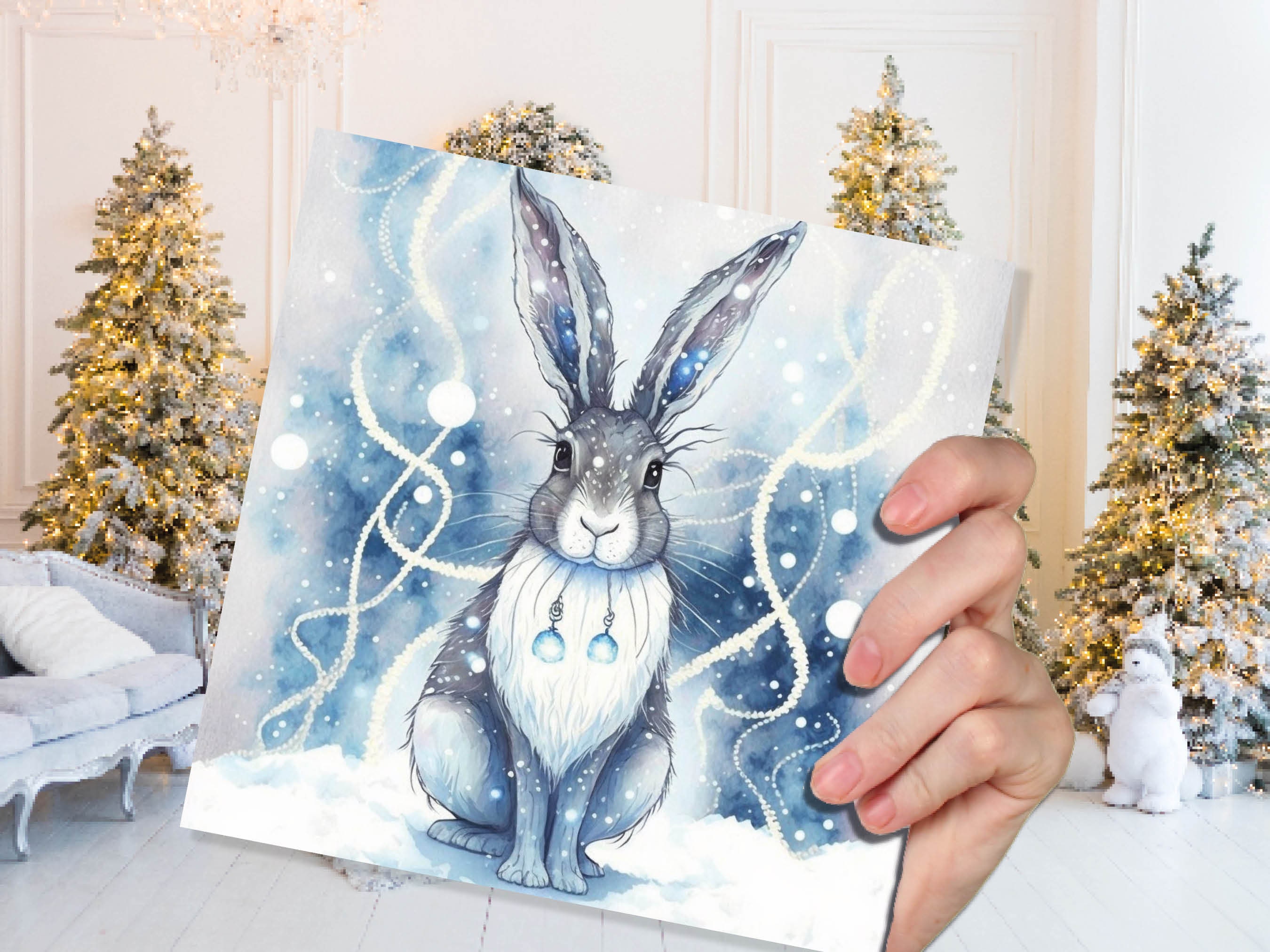 Magical Hare Card Beautiful Blue Winter Watercolour Snow Scene Snowy Lights Festive Rabbit Greetings Card For Family Friends Christmas 2024 - View 5