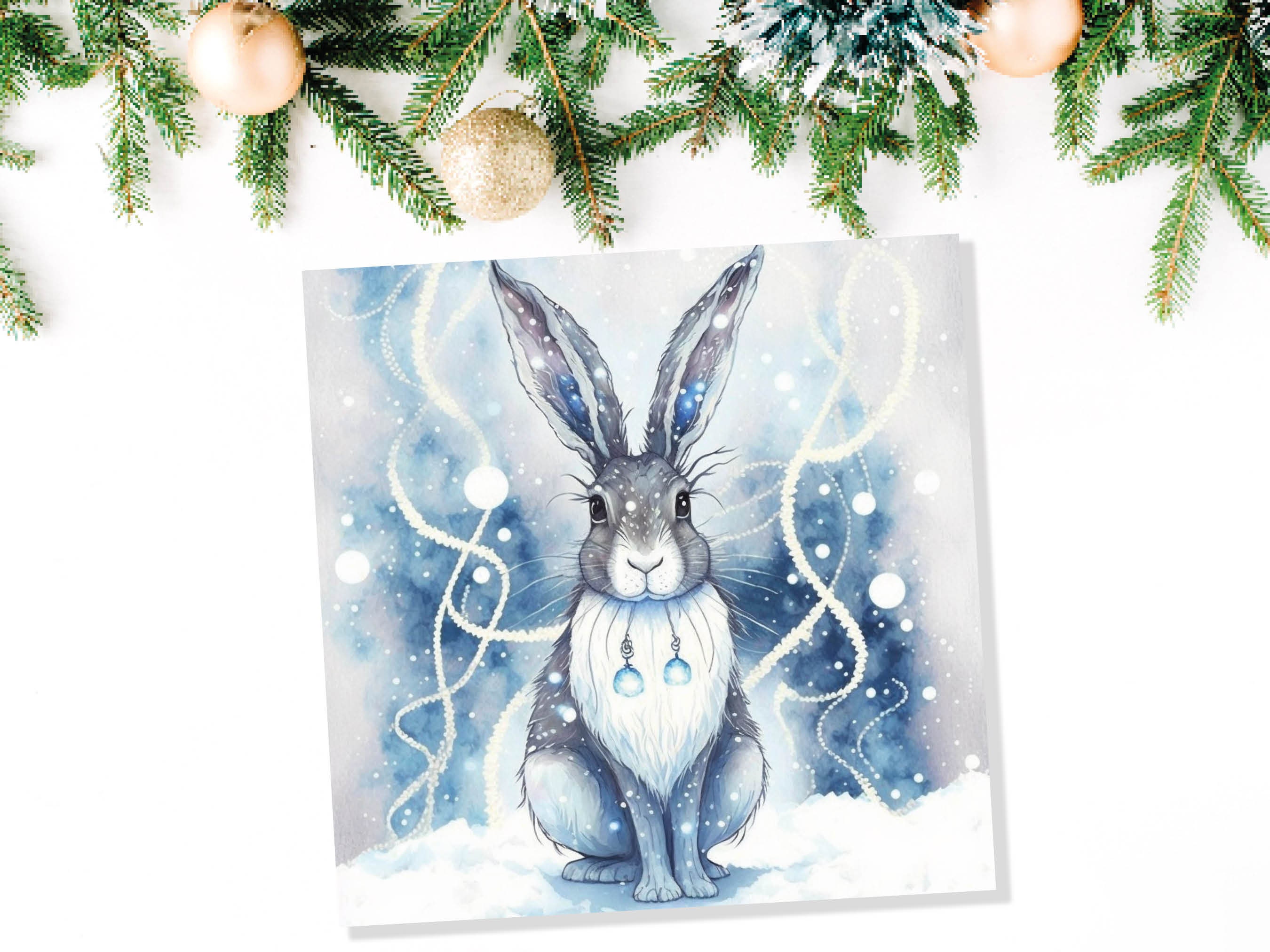 Magical Hare Card Beautiful Blue Winter Watercolour Snow Scene Snowy Lights Festive Rabbit Greetings Card For Family Friends Christmas 2024 - View 6