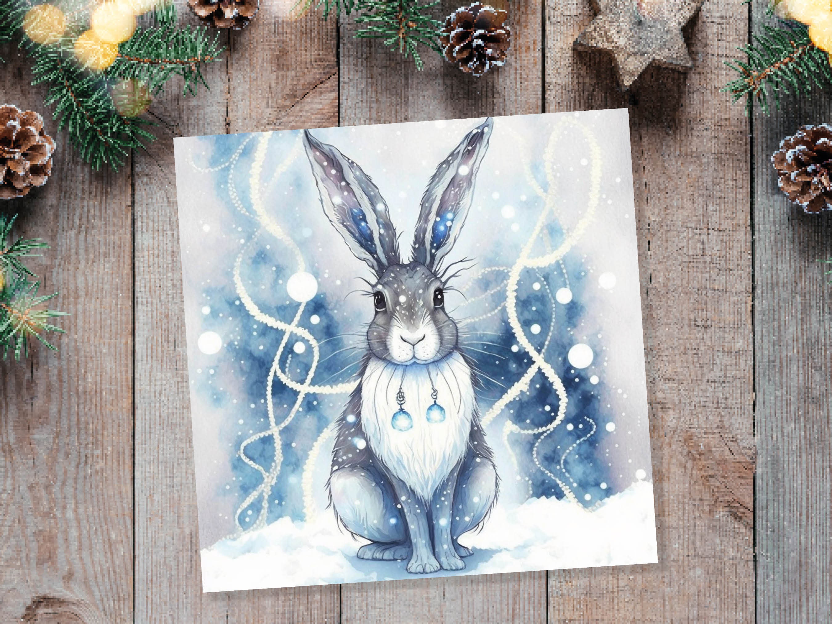 Magical Hare Card Beautiful Blue Winter Watercolour Snow Scene Snowy Lights Festive Rabbit Greetings Card For Family Friends Christmas 2024 - View 7