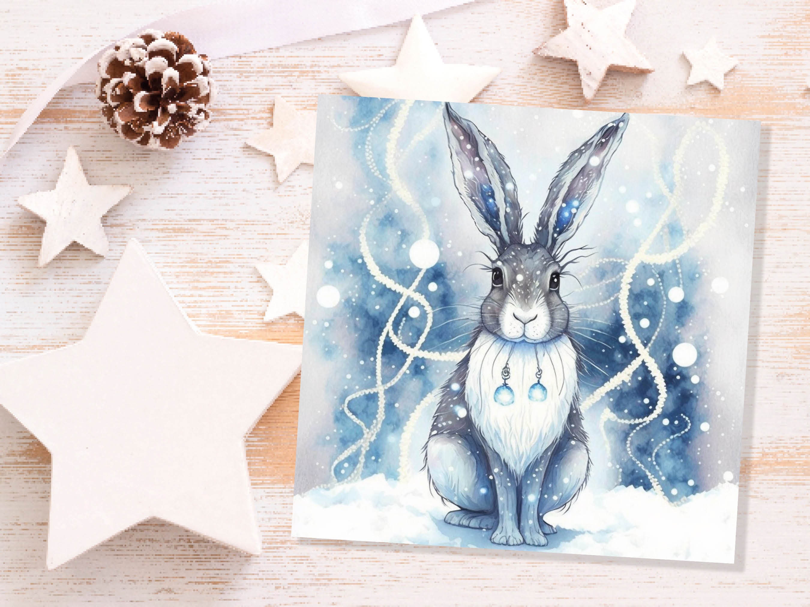 Magical Hare Card Beautiful Blue Winter Watercolour Snow Scene Snowy Lights Festive Rabbit Greetings Card For Family Friends Christmas 2024 - View 8