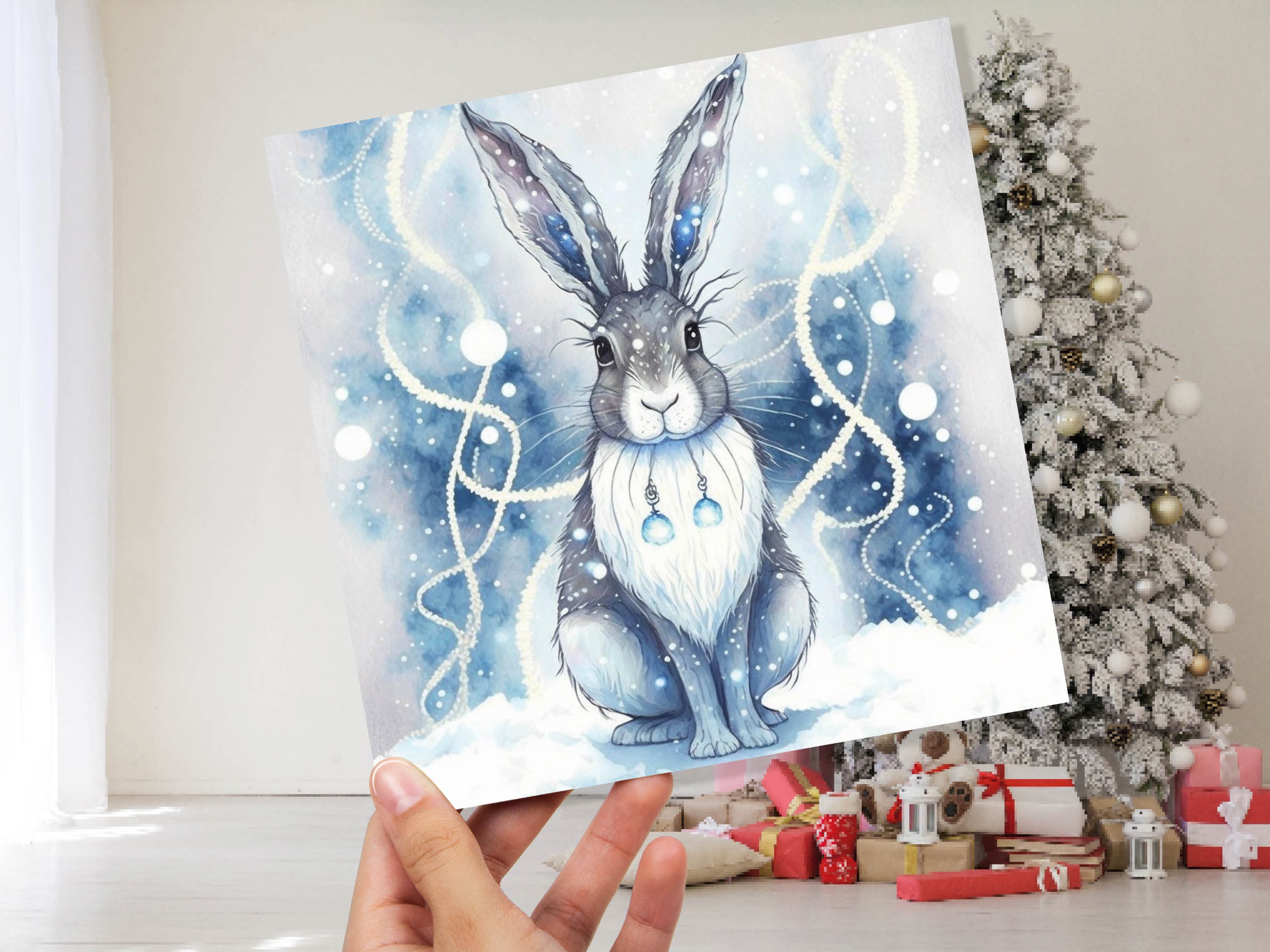 Magical Hare Card Beautiful Blue Winter Watercolour Snow Scene Snowy Lights Festive Rabbit Greetings Card For Family Friends Christmas 2024 - View 9