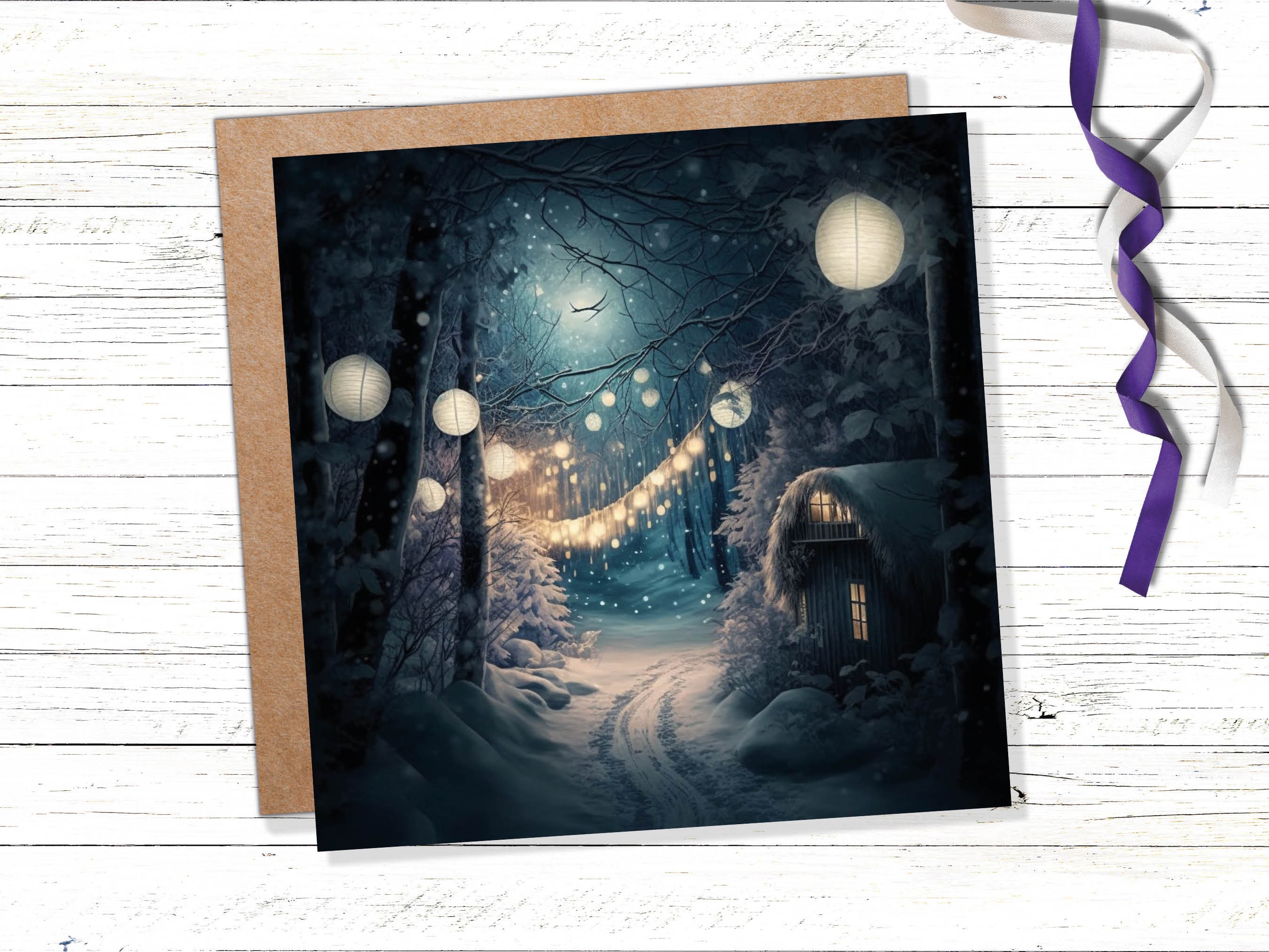 Magical Winter Night Christmas Card with Warm Fairy Lights Snow Blue Woodland Path Whimsical Greetings Cards For Family Friends Xmas 2024