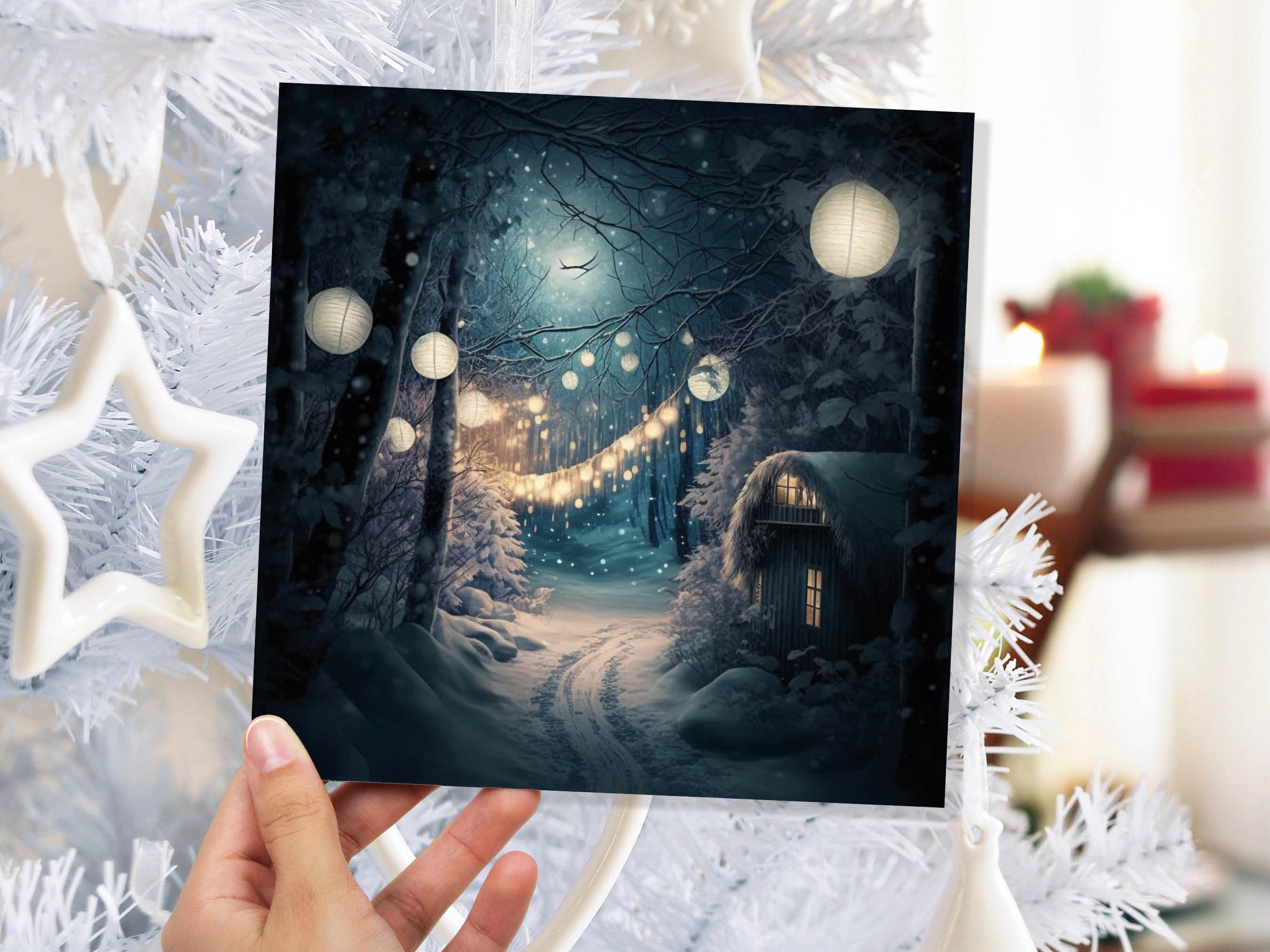 Magical Winter Night Christmas Card with Warm Fairy Lights Snow Blue Woodland Path Whimsical Greetings Cards For Family Friends Xmas 2024 - View 2