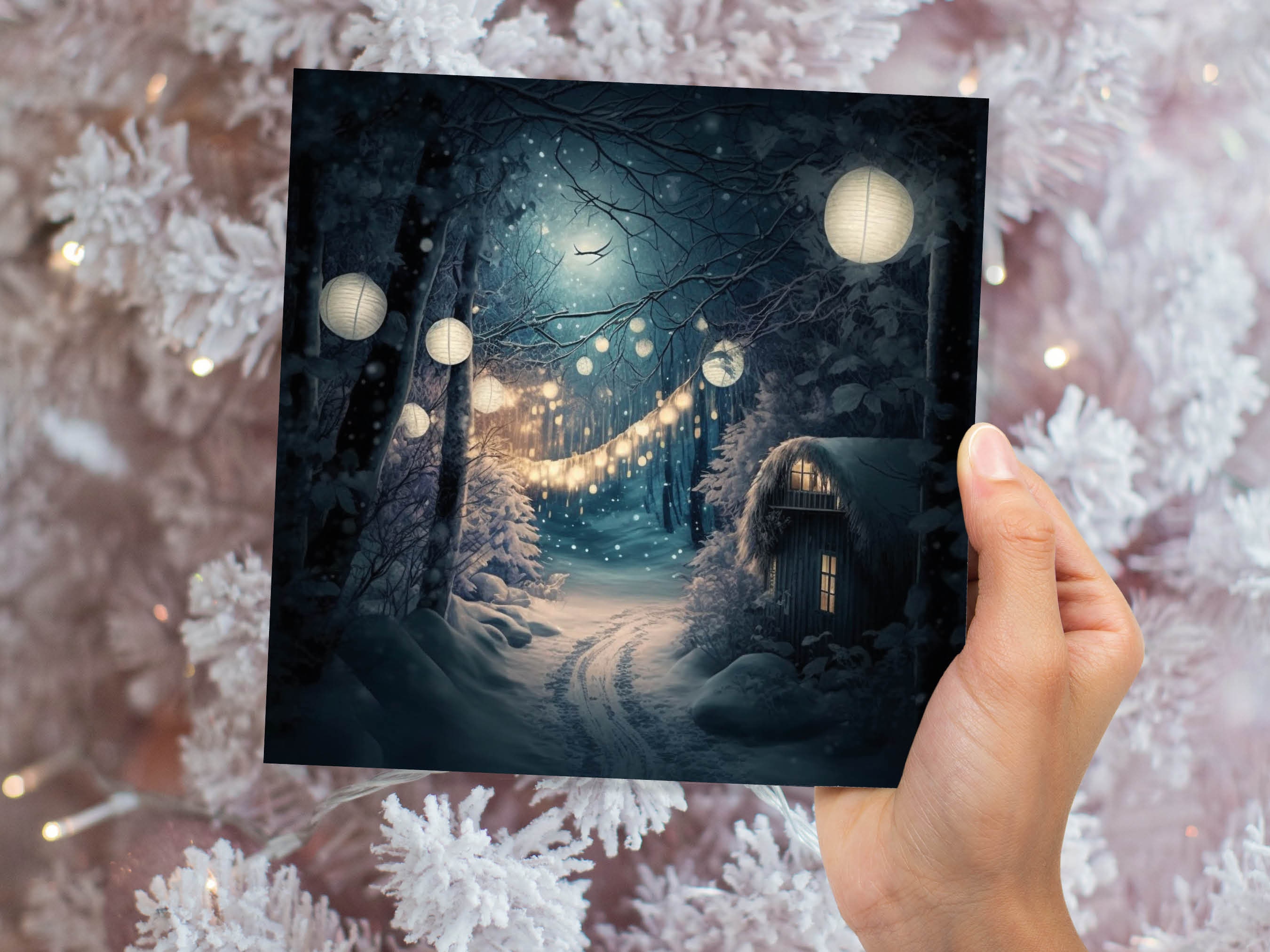 Magical Winter Night Christmas Card with Warm Fairy Lights Snow Blue Woodland Path Whimsical Greetings Cards For Family Friends Xmas 2024 - View 3