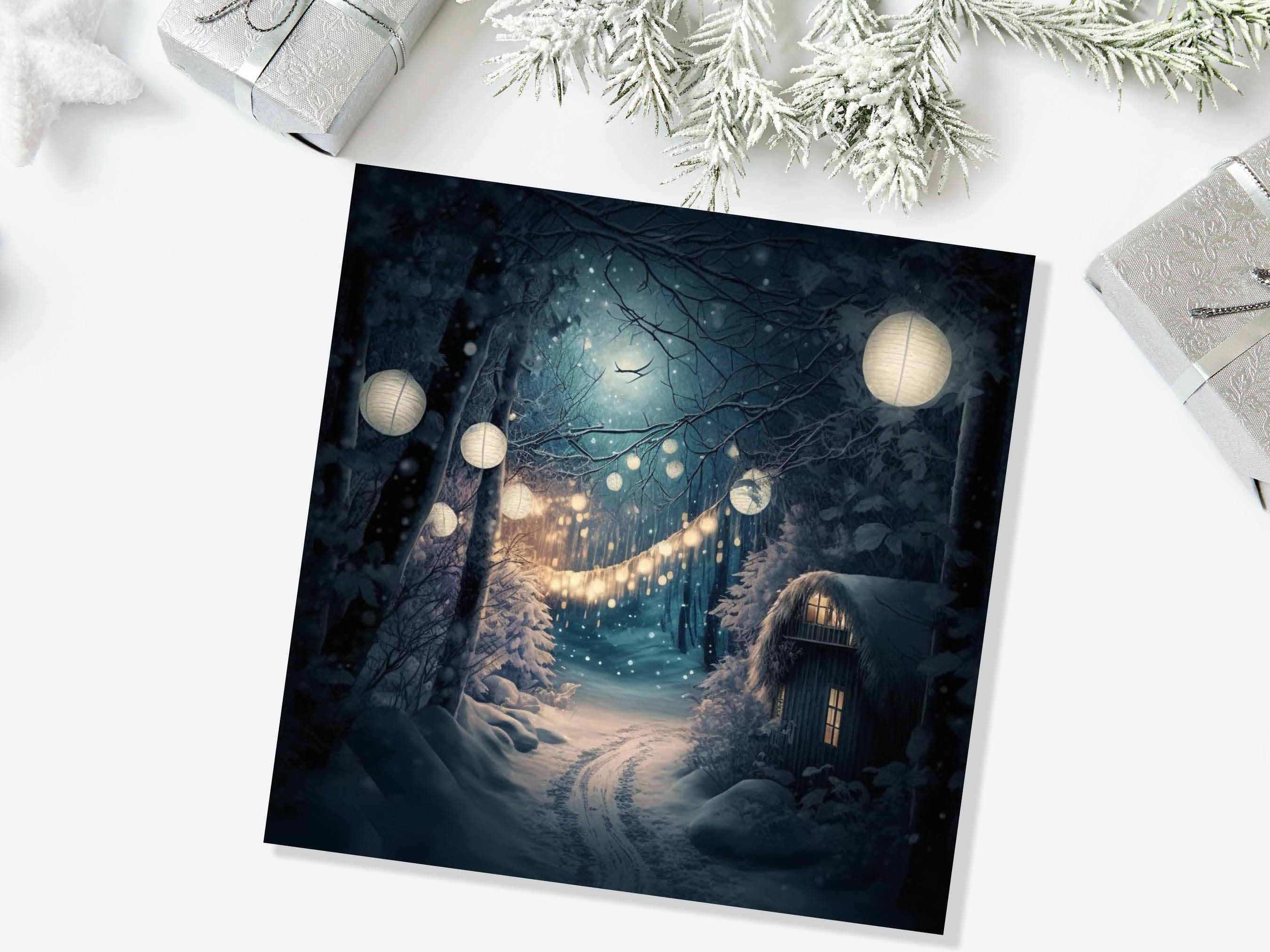 Magical Winter Night Christmas Card with Warm Fairy Lights Snow Blue Woodland Path Whimsical Greetings Cards For Family Friends Xmas 2024 - View 4