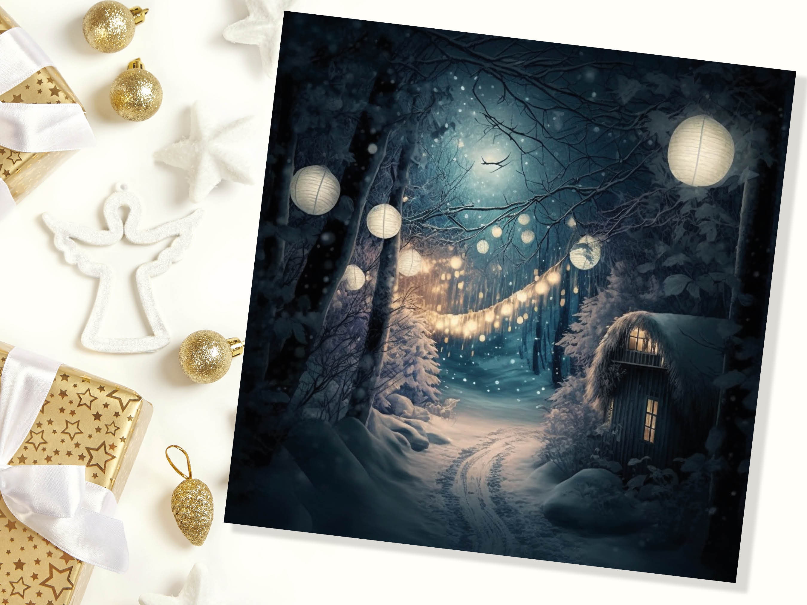 Magical Winter Night Christmas Card with Warm Fairy Lights Snow Blue Woodland Path Whimsical Greetings Cards For Family Friends Xmas 2024 - View 5