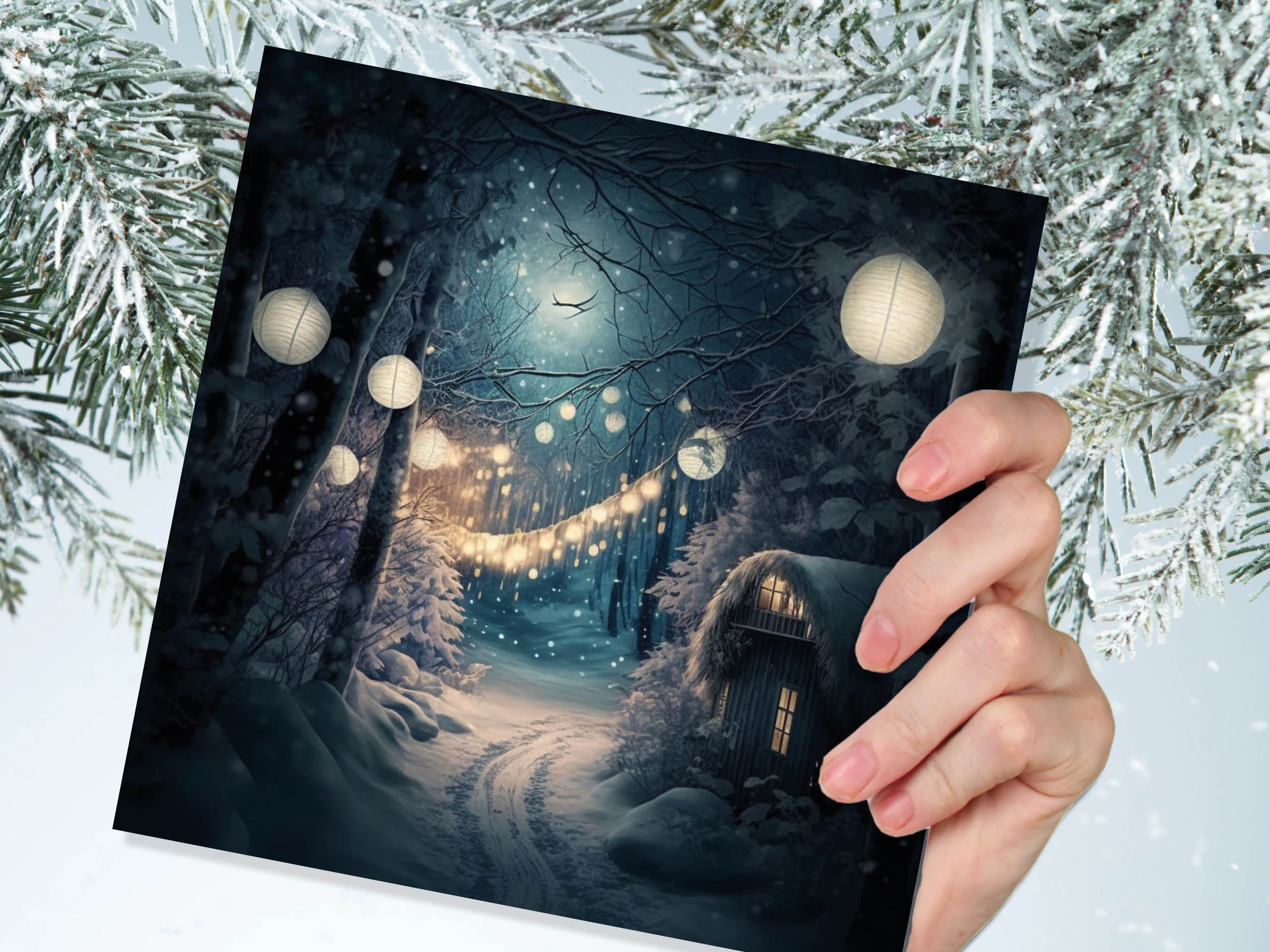 Magical Winter Night Christmas Card with Warm Fairy Lights Snow Blue Woodland Path Whimsical Greetings Cards For Family Friends Xmas 2024 - View 6