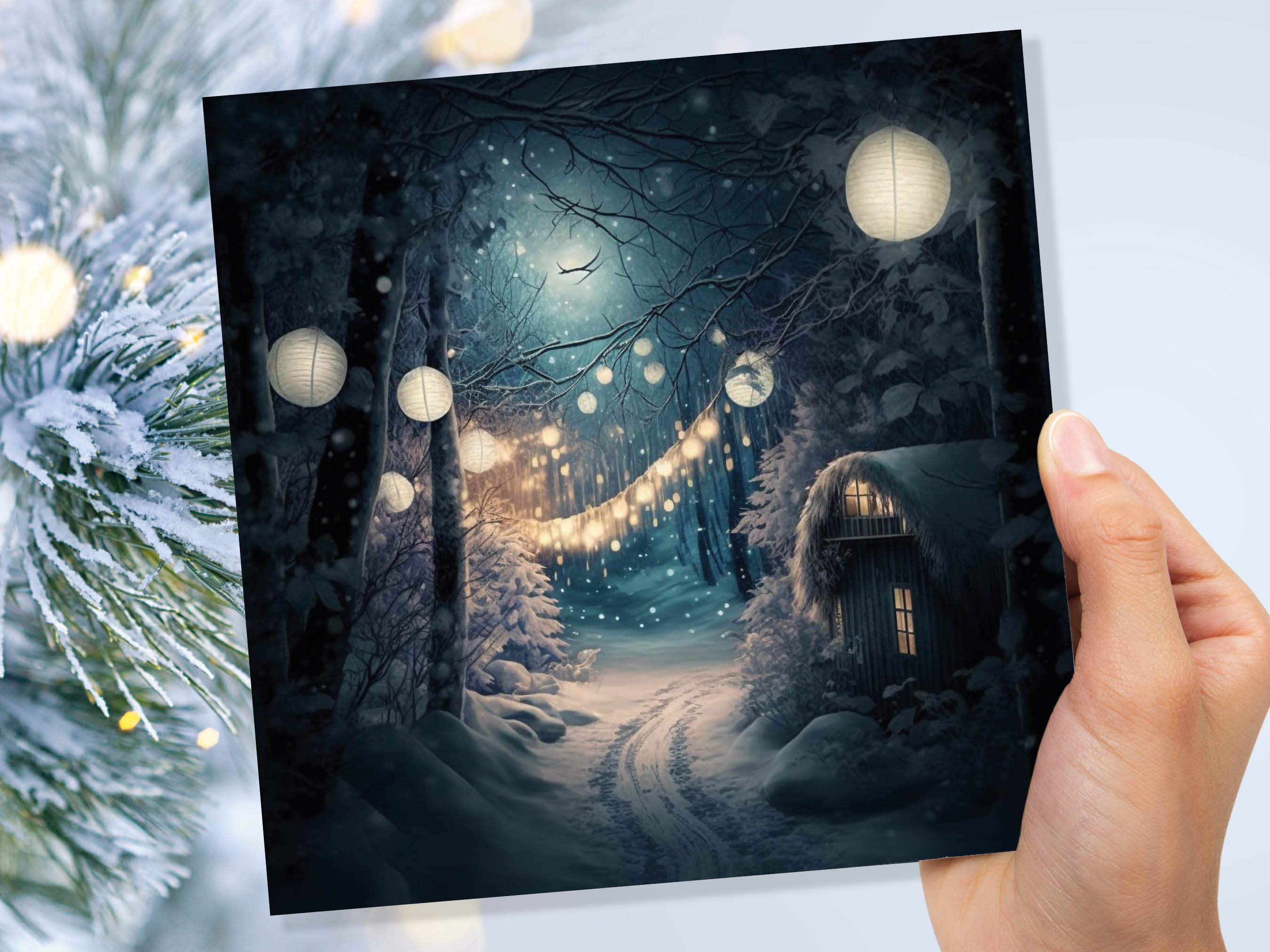 Magical Winter Night Christmas Card with Warm Fairy Lights Snow Blue Woodland Path Whimsical Greetings Cards For Family Friends Xmas 2024 - View 7