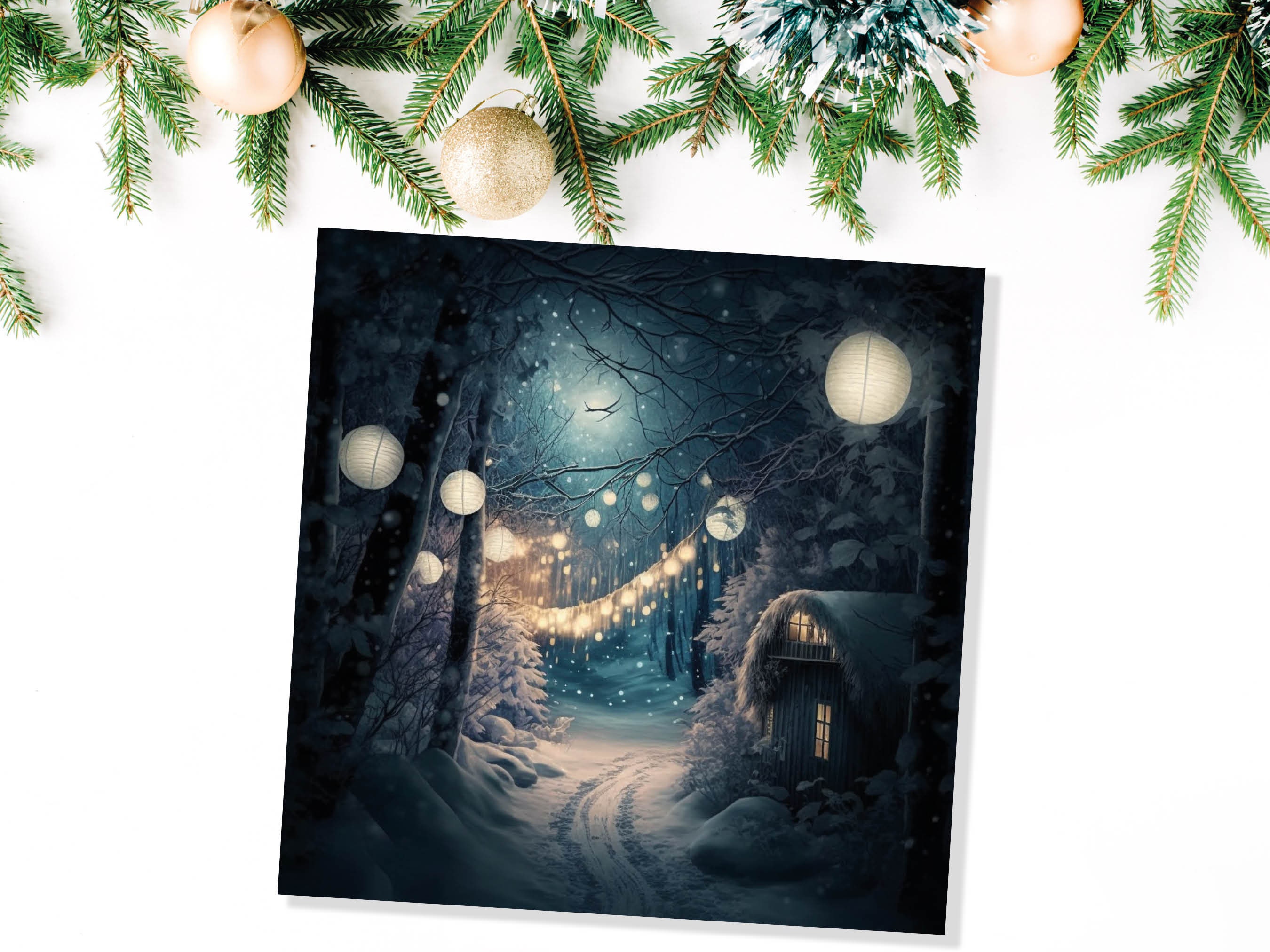 Magical Winter Night Christmas Card with Warm Fairy Lights Snow Blue Woodland Path Whimsical Greetings Cards For Family Friends Xmas 2024 - View 8