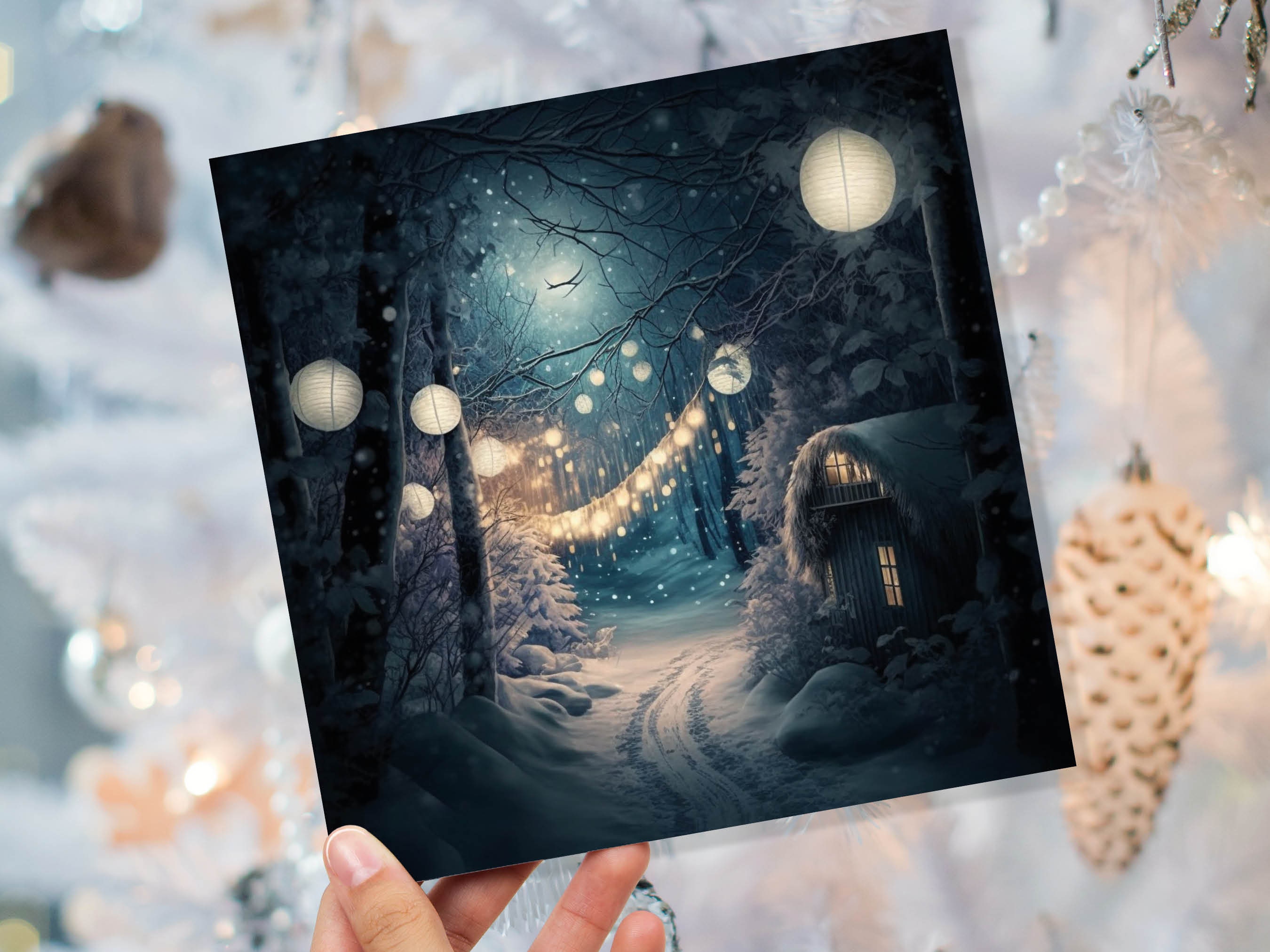 Magical Winter Night Christmas Card with Warm Fairy Lights Snow Blue Woodland Path Whimsical Greetings Cards For Family Friends Xmas 2024 - View 9