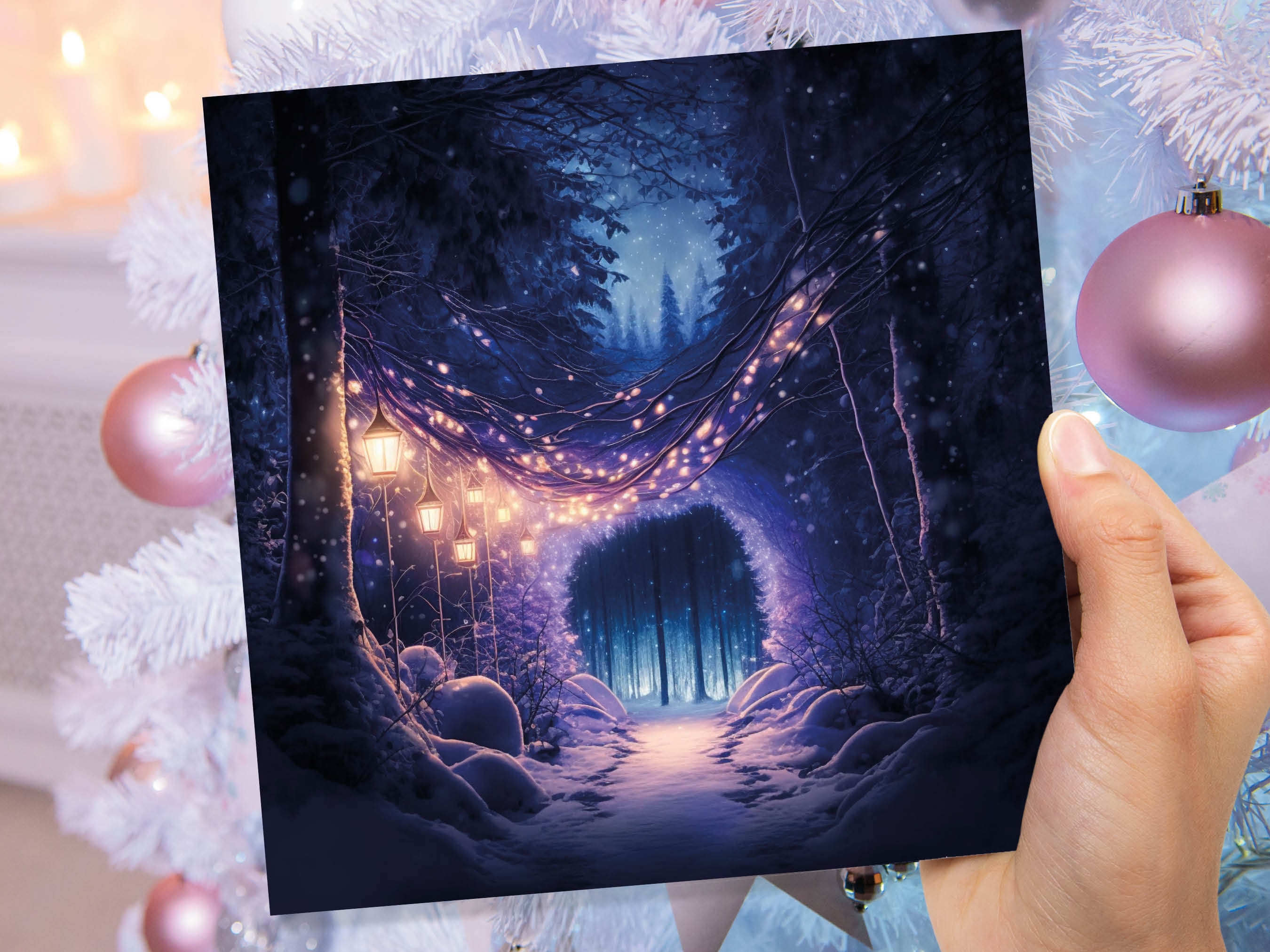 Winter Wonderland Christmas Card with Cosy Fairy Lights Snow Purple Woodland Path Whimsical Greetings Cards For Family Friends Xmas 2024