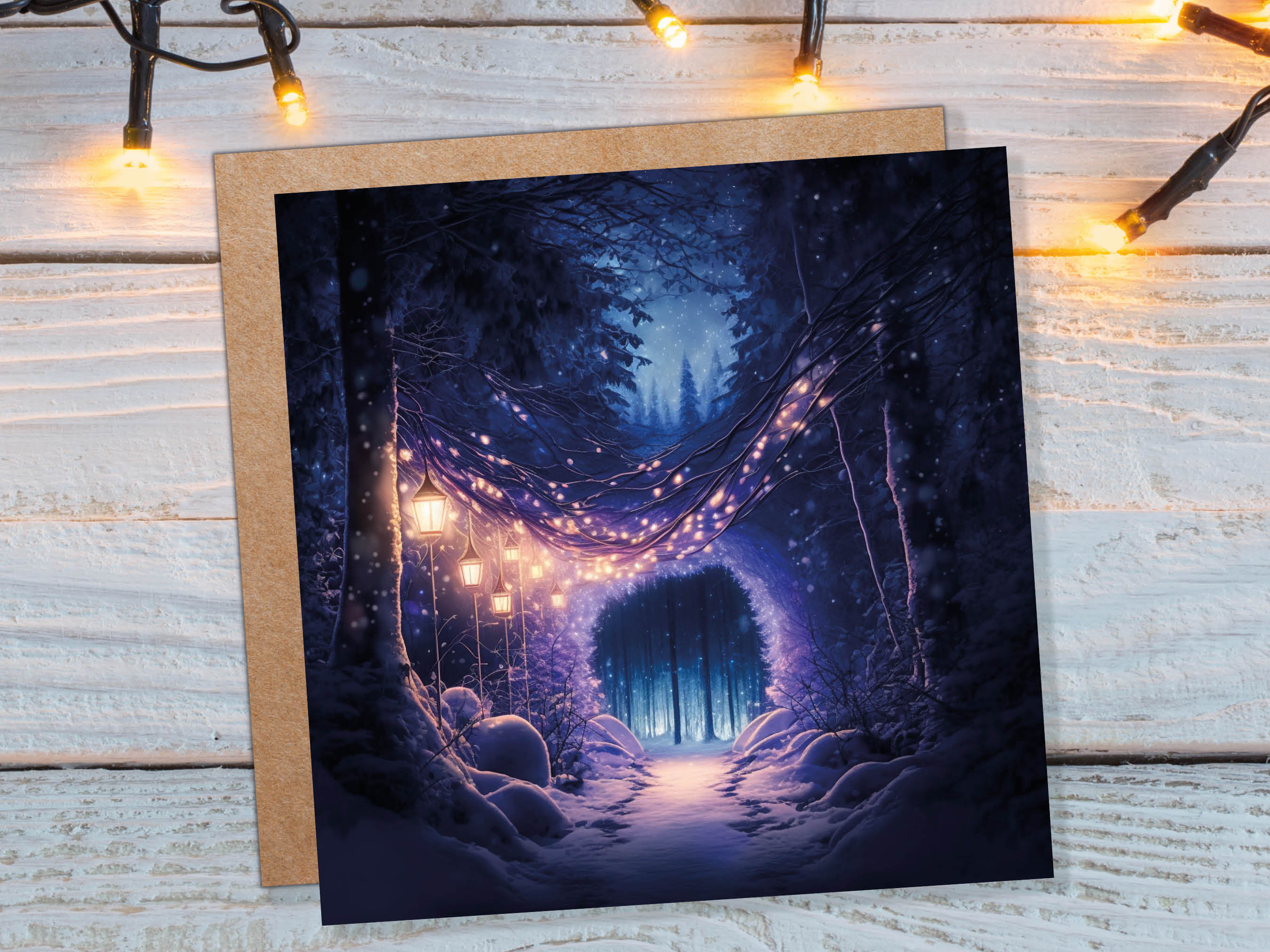 Winter Wonderland Christmas Card with Cosy Fairy Lights Snow Purple Woodland Path Whimsical Greetings Cards For Family Friends Xmas 2024 - View 2