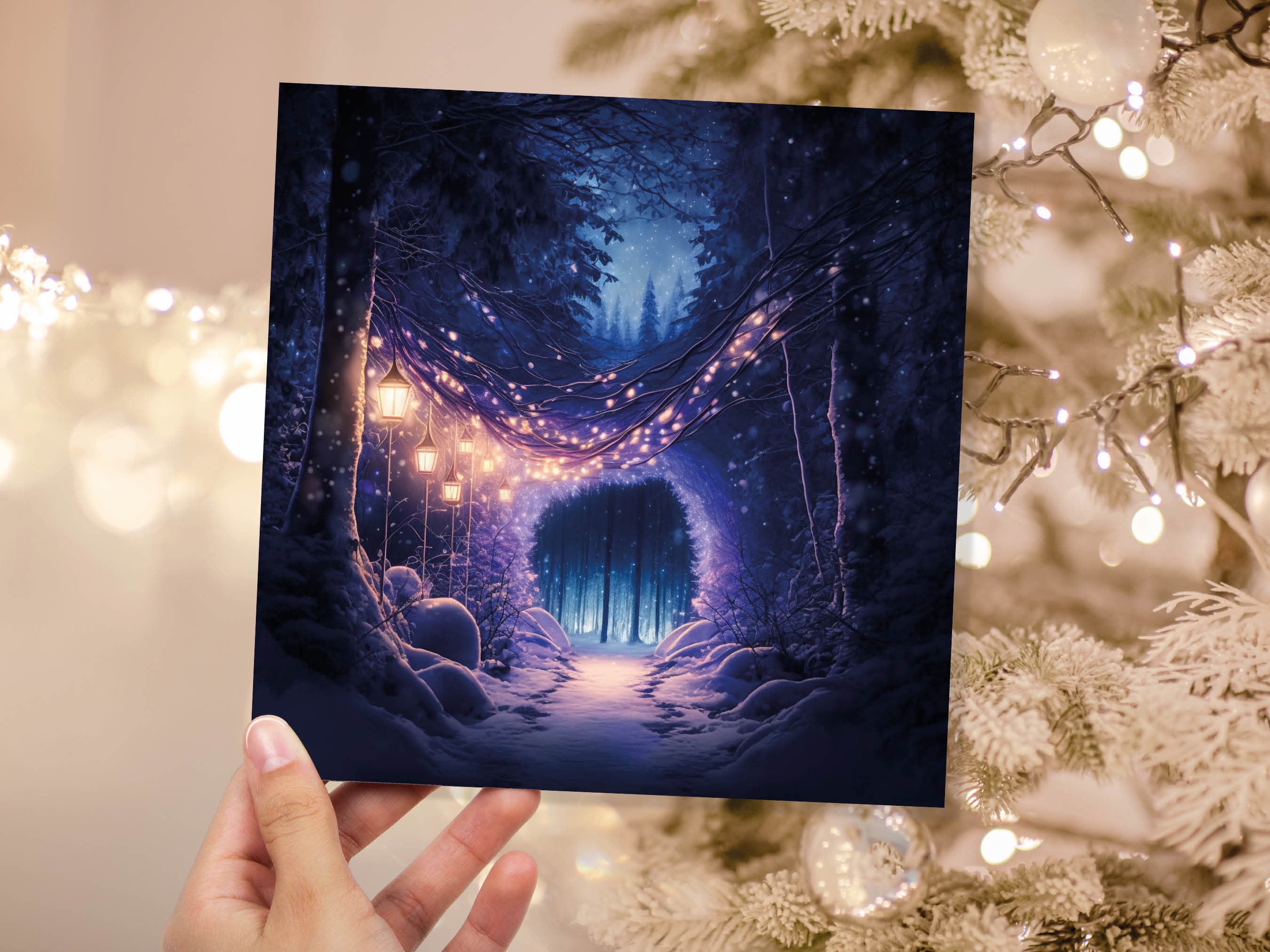 Winter Wonderland Christmas Card with Cosy Fairy Lights Snow Purple Woodland Path Whimsical Greetings Cards For Family Friends Xmas 2024 - View 3