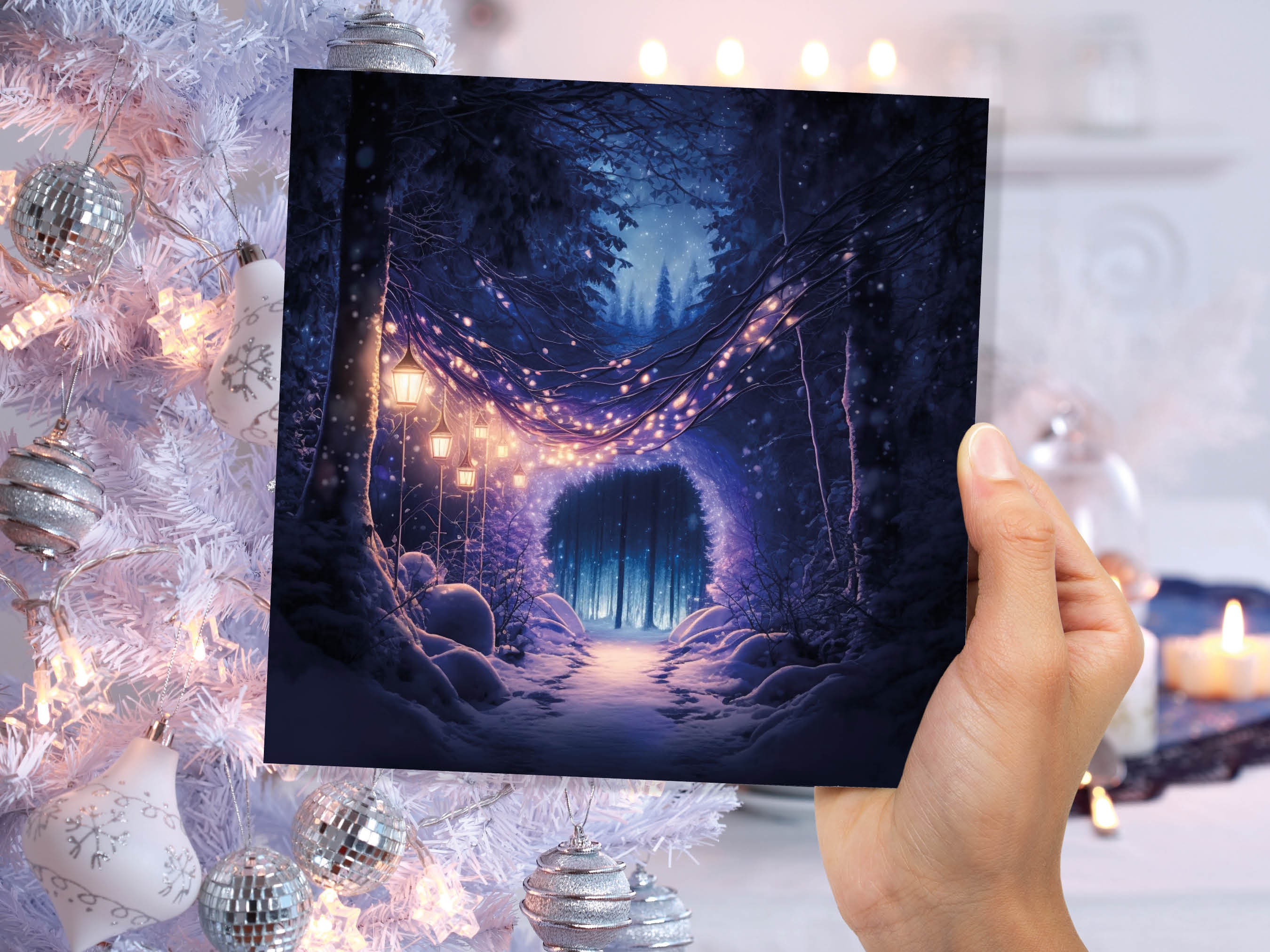 Winter Wonderland Christmas Card with Cosy Fairy Lights Snow Purple Woodland Path Whimsical Greetings Cards For Family Friends Xmas 2024 - View 4