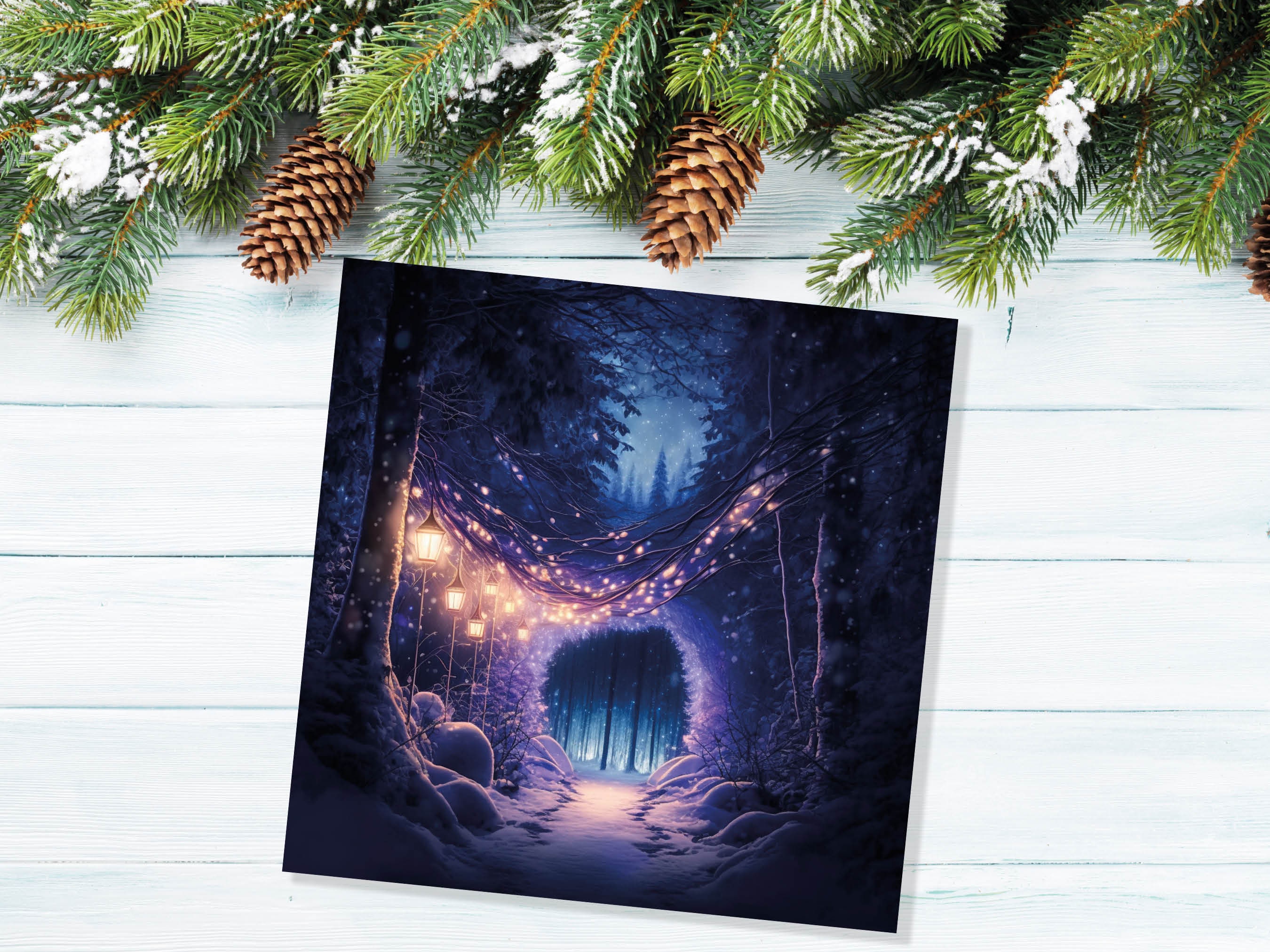 Winter Wonderland Christmas Card with Cosy Fairy Lights Snow Purple Woodland Path Whimsical Greetings Cards For Family Friends Xmas 2024 - View 5