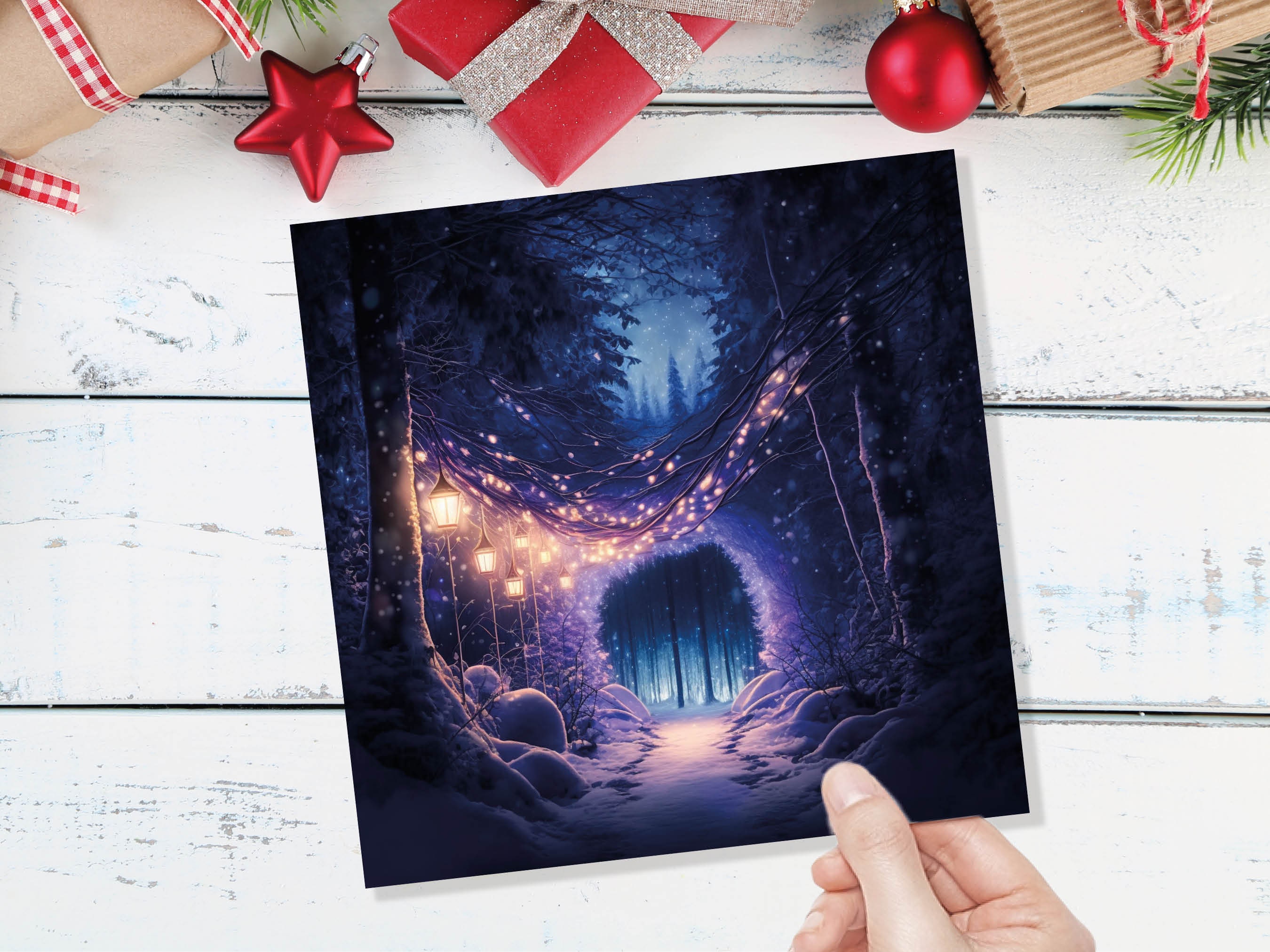 Winter Wonderland Christmas Card with Cosy Fairy Lights Snow Purple Woodland Path Whimsical Greetings Cards For Family Friends Xmas 2024 - View 8