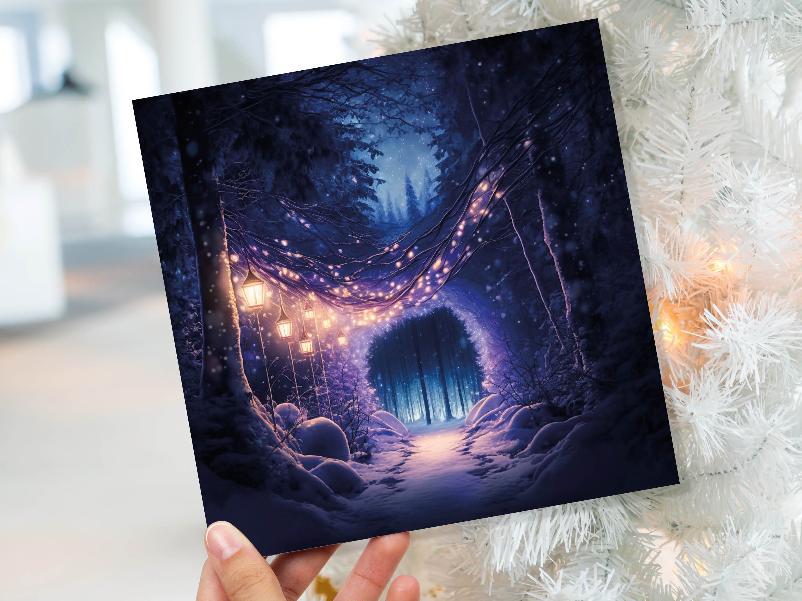 Winter Wonderland Christmas Card with Cosy Fairy Lights Snow Purple Woodland Path Whimsical Greetings Cards For Family Friends Xmas 2024 - View 9