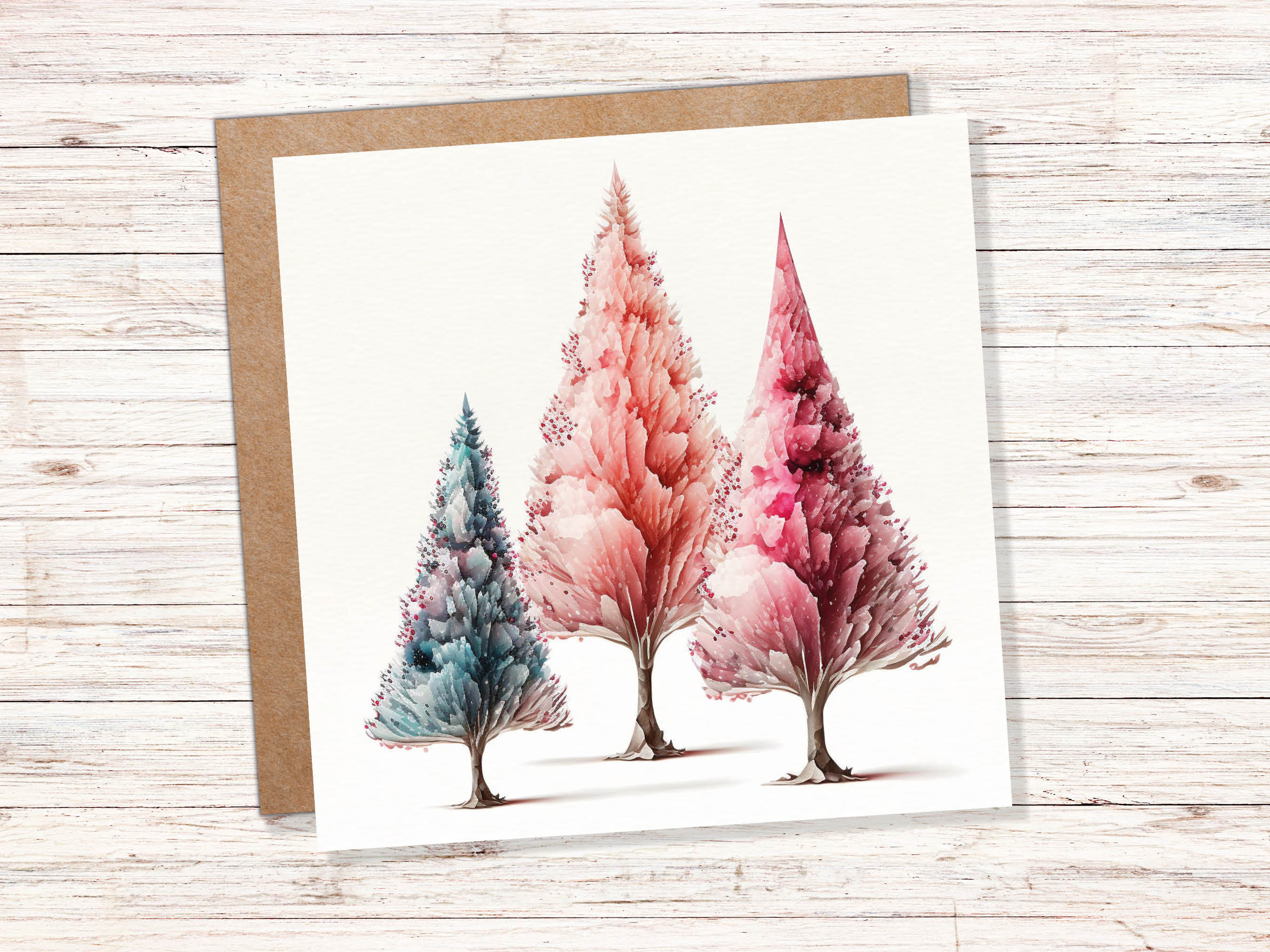 Watercolour Trees Christmas Card Modern Elegant Fir Tree Blue Coral Pink White Simple Painting Greetings Cards For Family Friends Xmas 2024 - View 10