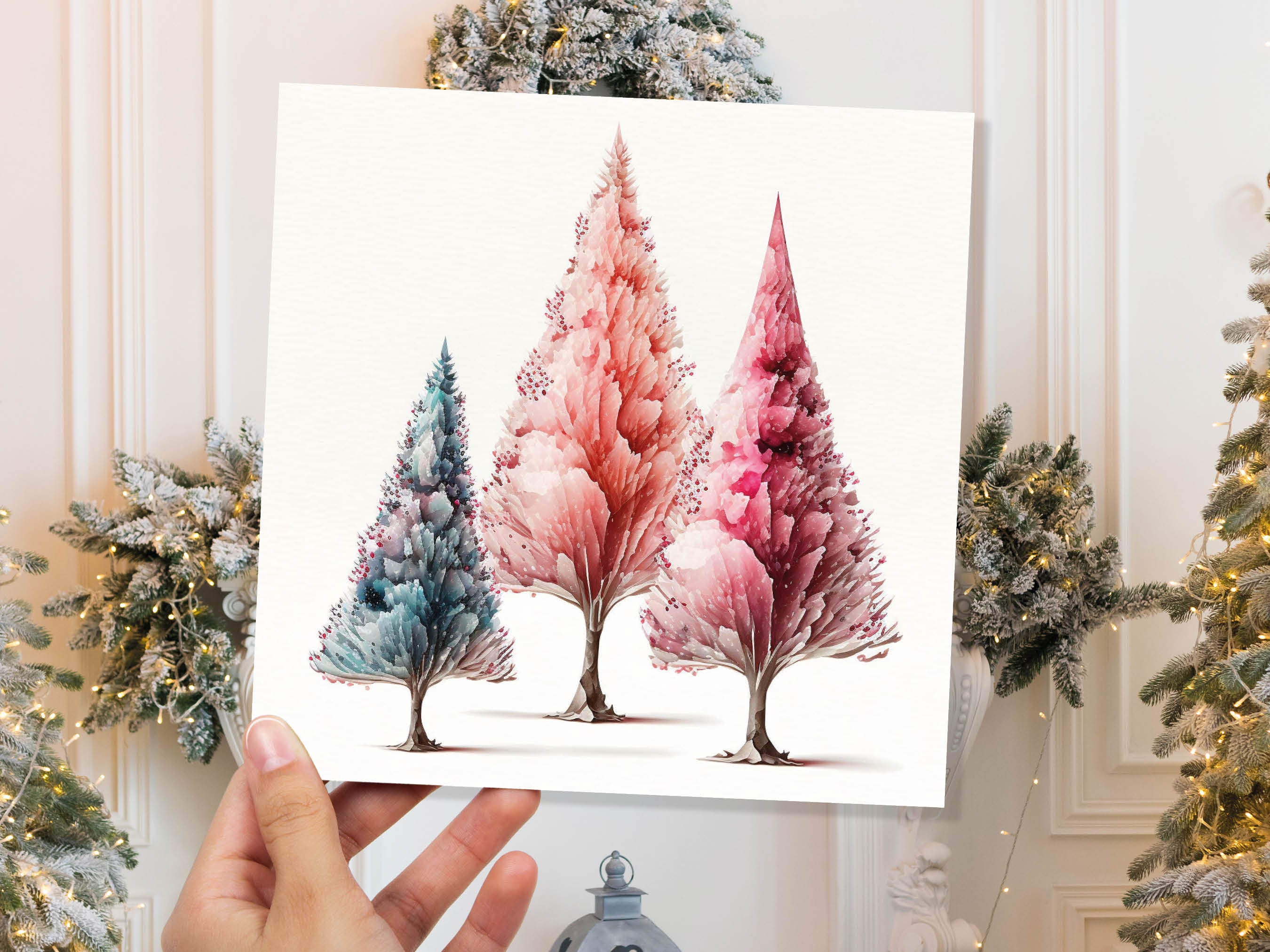 Watercolour Trees Christmas Card Modern Elegant Fir Tree Blue Coral Pink White Simple Painting Greetings Cards For Family Friends Xmas 2024