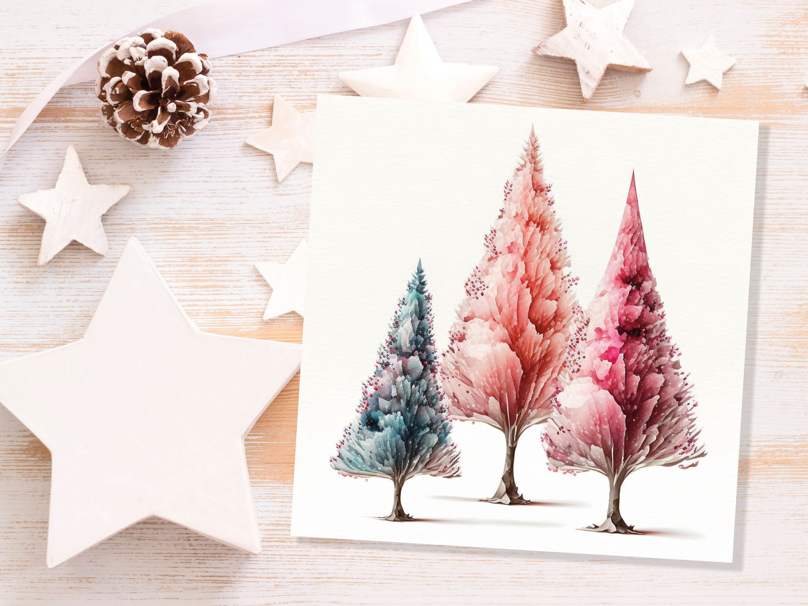 Watercolour Trees Christmas Card Modern Elegant Fir Tree Blue Coral Pink White Simple Painting Greetings Cards For Family Friends Xmas 2024 - View 2