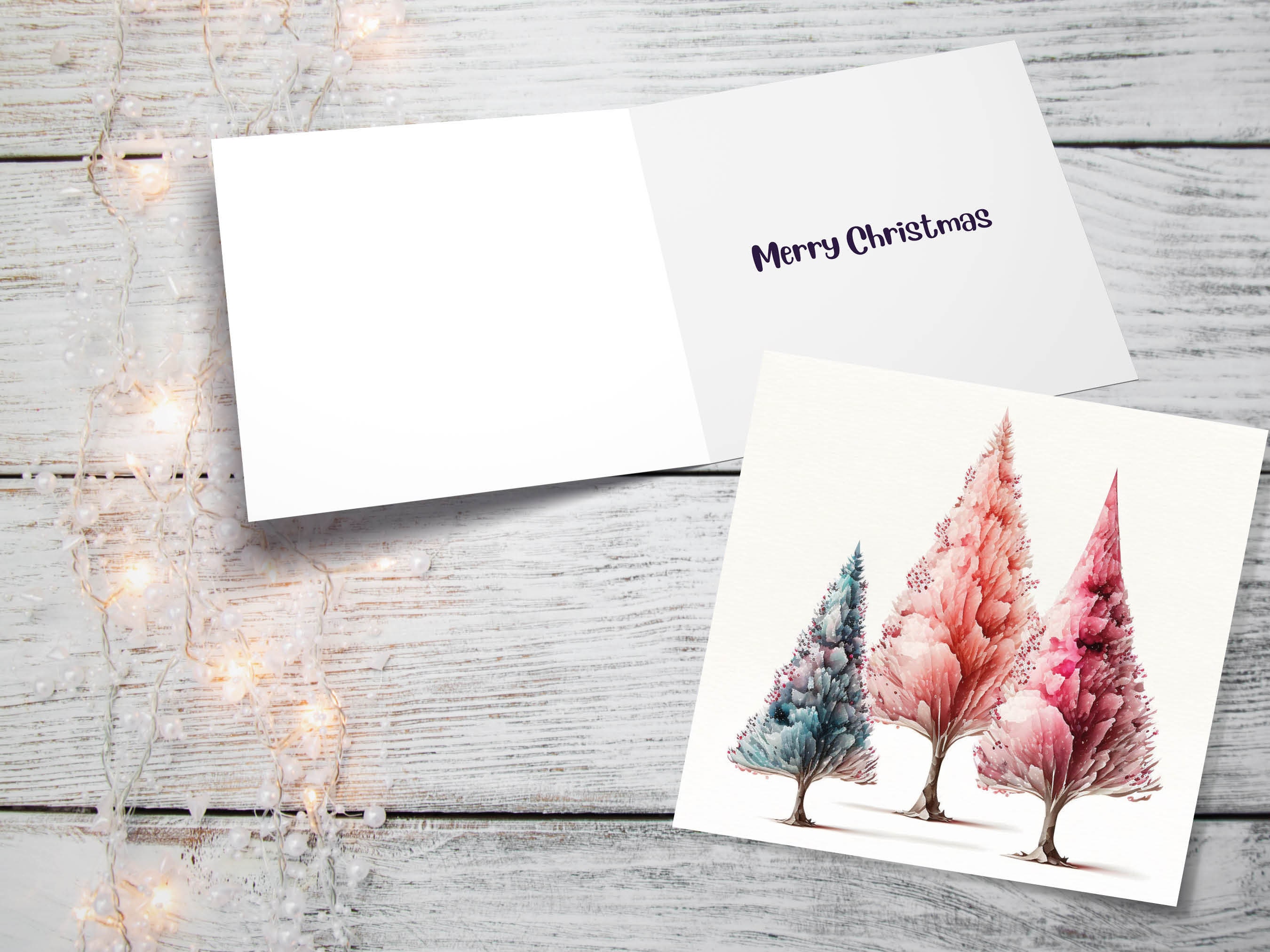 Watercolour Trees Christmas Card Modern Elegant Fir Tree Blue Coral Pink White Simple Painting Greetings Cards For Family Friends Xmas 2024 - View 3