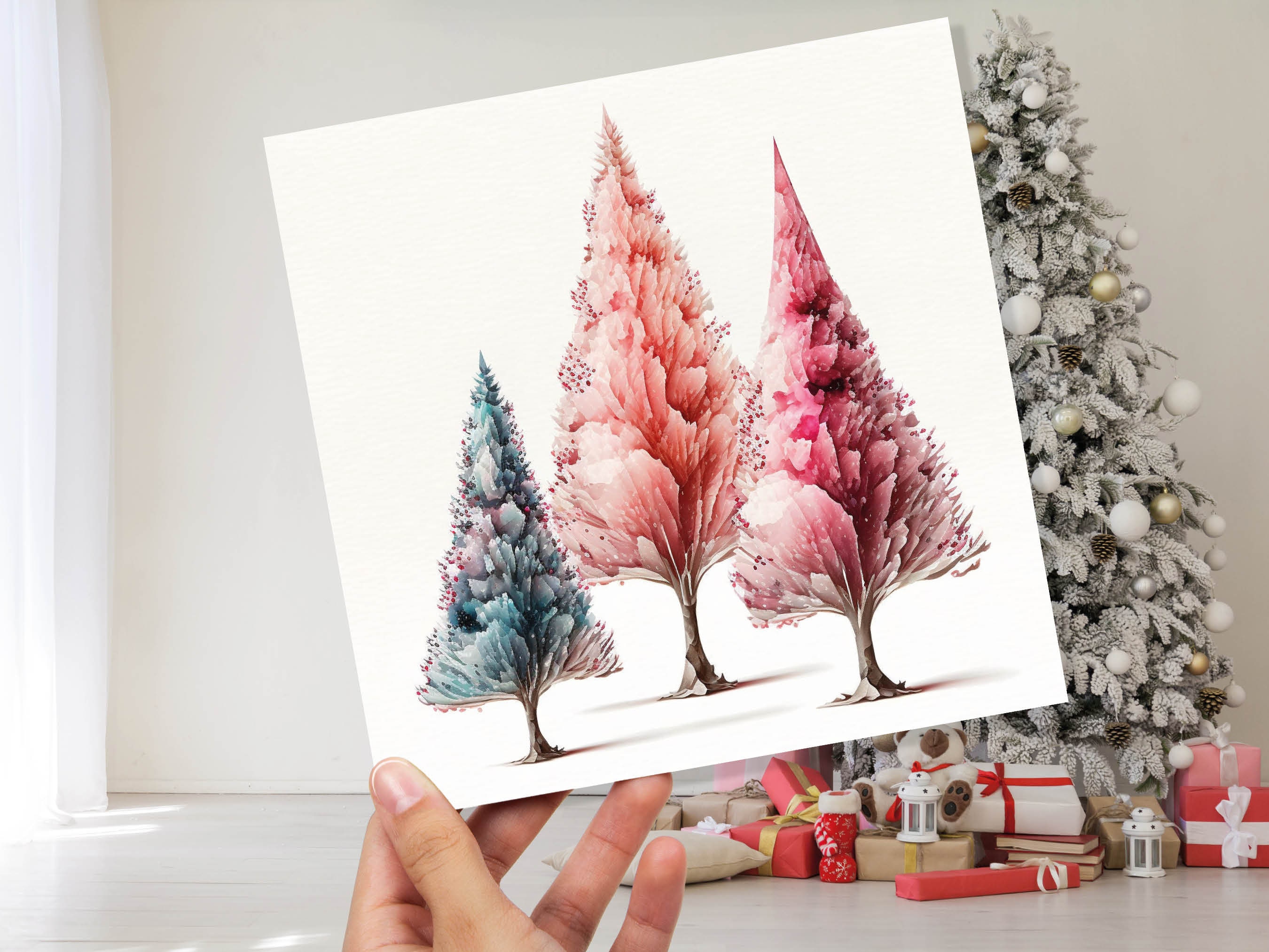 Watercolour Trees Christmas Card Modern Elegant Fir Tree Blue Coral Pink White Simple Painting Greetings Cards For Family Friends Xmas 2024 - View 4