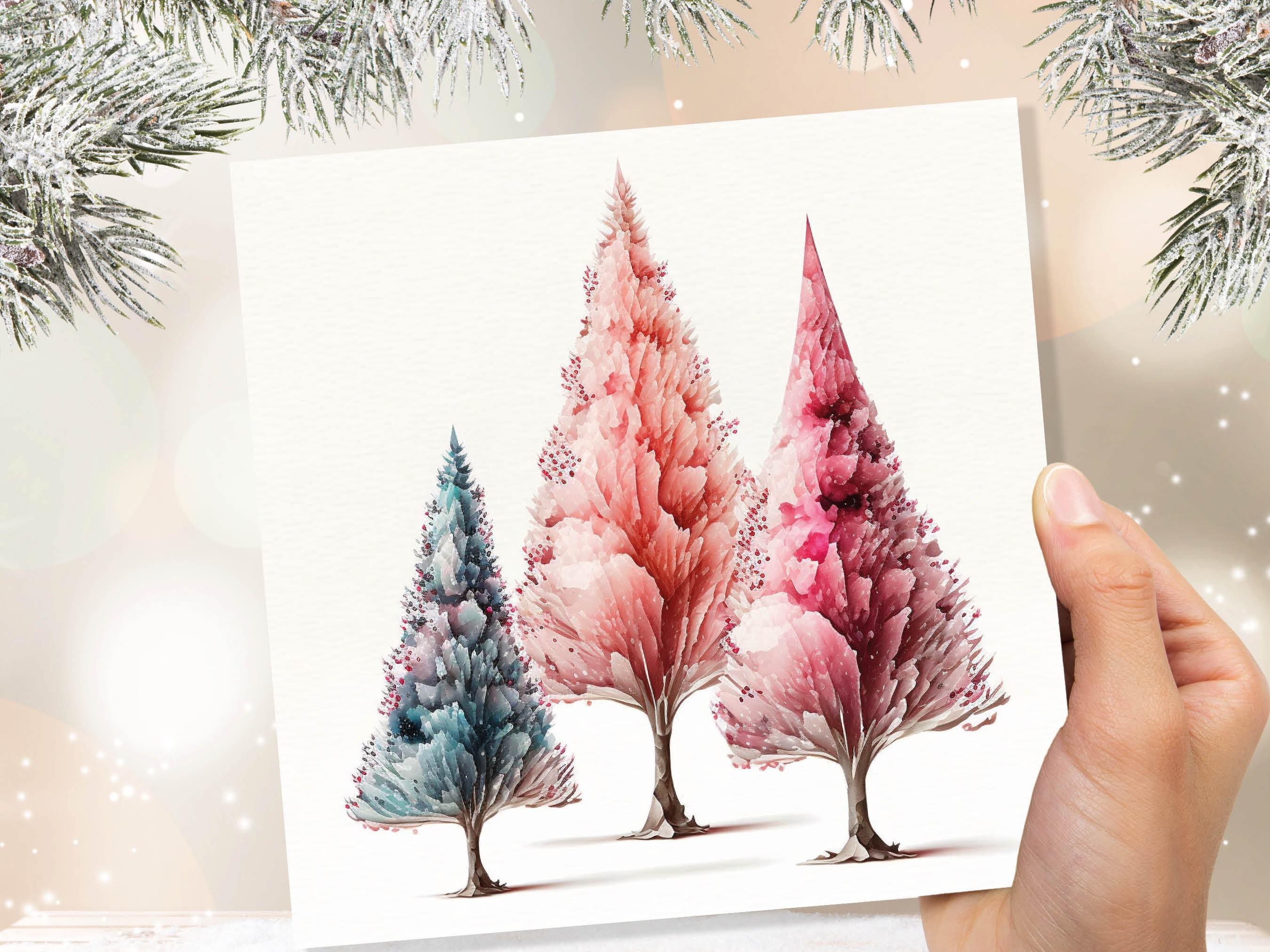 Watercolour Trees Christmas Card Modern Elegant Fir Tree Blue Coral Pink White Simple Painting Greetings Cards For Family Friends Xmas 2024 - View 5