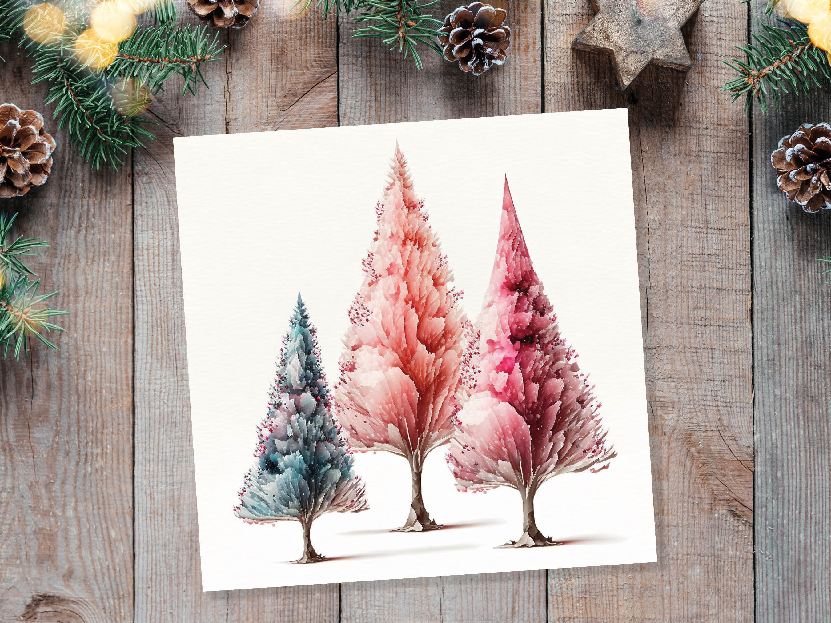 Watercolour Trees Christmas Card Modern Elegant Fir Tree Blue Coral Pink White Simple Painting Greetings Cards For Family Friends Xmas 2024 - View 6